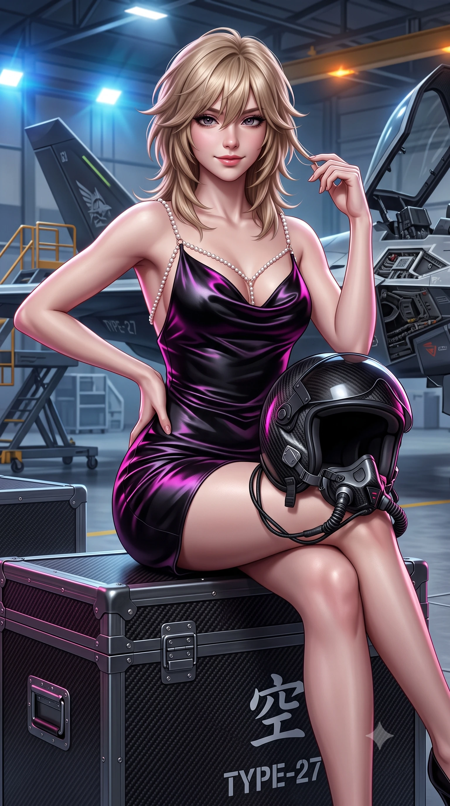 score_9, masterpiece, best quality, ultra-detailed, high-budget anime keyframe, semi-realistic 3D game render, editorial fashion photography, tasteful artistic composition, Japanese woman. close-up cowboy shot from the waist and thighs up, the character dominates the composition, filling the frame with her large presence. twisting her slender torso in an alluring contrapposto stance, one hand resting on her sculpted hip while her fingers toy with her hair with effortless poise while sitting perched on a carbon-fiber flight case with legs crossed, holding a flight helmet with confident, coquettish charm. The surrounding environment is rendered in vivid detail and crisp panoramic clarity: detailed high-cut tactical bodysuit tailoring, chrome buckle shine, and aerospace hangar engineering in high resolution. She has an exceptionally elegant, slender, and willowy female figure with an ultra-slim waist, flat toned midriff, narrow ribcage, and sculpted feminine hips creating an alluring, slim hourglass silhouette without bulk. sharp v-shaped jawline, high-bridge nose, sparkling eyes with hypnotic seductive depth, thick curled eyelashes, glossy parted lips with a natural dewy peach sheen, alluring bedroom-eyes with an enchanting coquettish smile, exuding magnetic siren charisma and sophisticated glamour, flawlessly proportioned anatomical accuracy, strict slender model proportions, natural body alignment, perfectly sculpted long slender limbs, ultra-slim waistline, clean dynamic posture without body distortion. wearing a low-cut draped cowl-back satin ballet slip mini dress with dainty pearl spaghetti straps in wet-look onyx black with electric magenta reflections, crafted from fluid liquid silk satin that clings smoothly to every curve with a dewy sheen, accented with a pearl-drop body harness subtly framing her dewy collarbones and spine, the second-skin tailored fabric adhering flawlessly to her sculpted flat midriff and slender torso, emphasizing her long leg lines and perfectly proportioned willowy build. bathed in high-altitude aerospace hangar floodlights mixed with amber safety strobe accents. highly saturated vibrant anime colors, detailed shading with soft gradients, rich glossy textures, high-contrast stereoscopic depth, volumetric dynamic lighting, master piece, 9:16 ratio