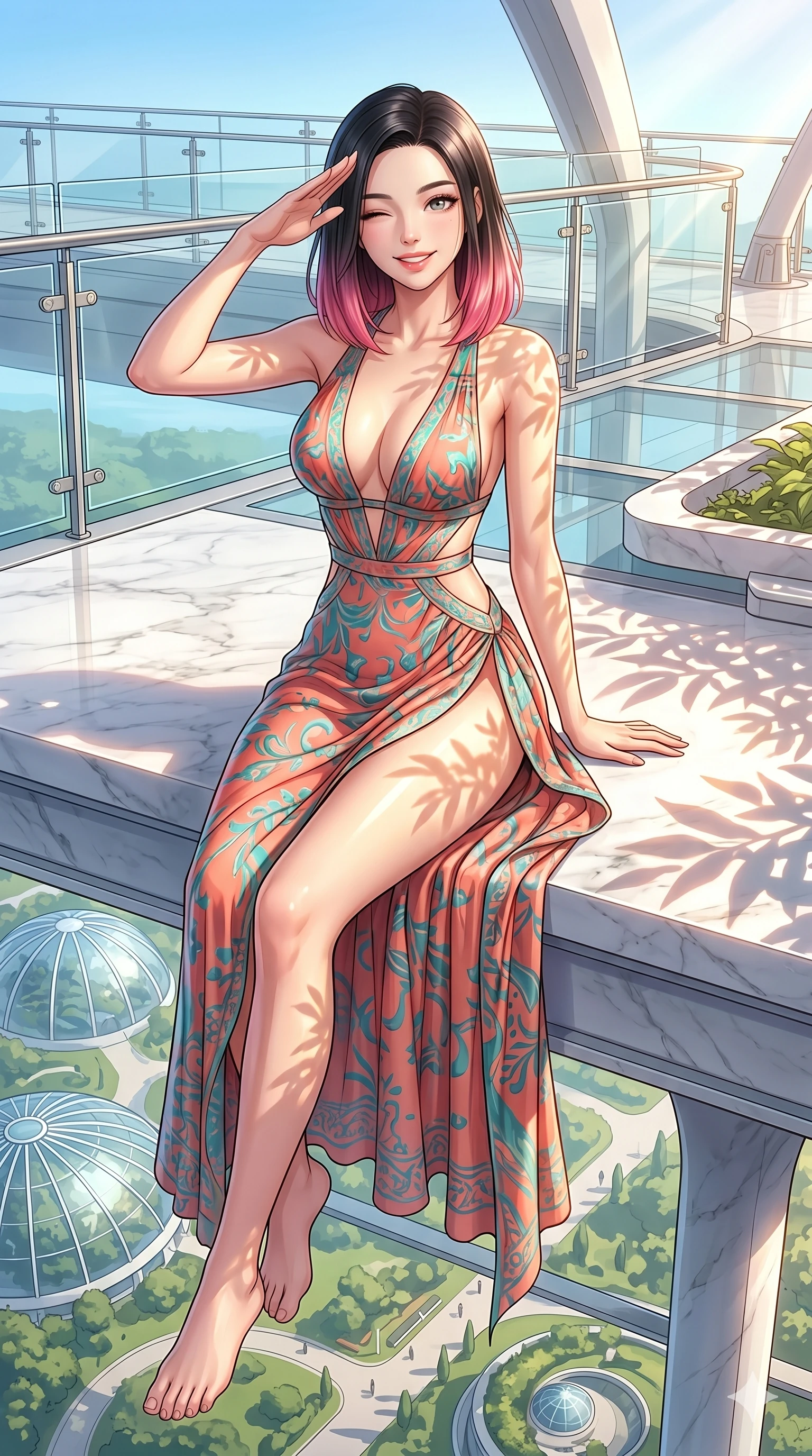 score_9, masterpiece, best quality, ultra-detailed, high-budget anime keyframe, vibrant anime aesthetic, Korean woman. cowboy shot from the thighs up, character and outfit filling the frame for maximum presence. She is sitting on a marble ledge, winking and smiling cheerfully at the viewer on a floating observation deck over a botanical park (Code-P20-080). She has an absolutely perfect 8-heads proportion, an exceptionally tall and slender female figure with impossibly long slender legs and an ultra-slim waist. V-shaped jawline, high-bridge nose, intricate jewel-like eyes with depth, thick eyelashes, glossy lips with a natural sheen. wearing a high-slit resort dress with plunging neckline and side cut-outs. She is drenched in brilliant morning sunshine, casting long warm highlights and leaf patterns. 2k, ultra detail, master piece, 9:16 ratio