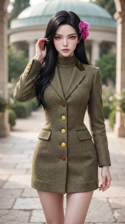 Korean woman. gently brushing a lock of glossy hair behind her ear while casting a playful, flirtatious side-gaze with long eyelashes while walking slowly along the paved limestone gallery with hypnotic grace, hips swaying in an alluring supermodel rhythm. The background shows a soft-focus exclusive Mediterranean botanical pavilion softened in...