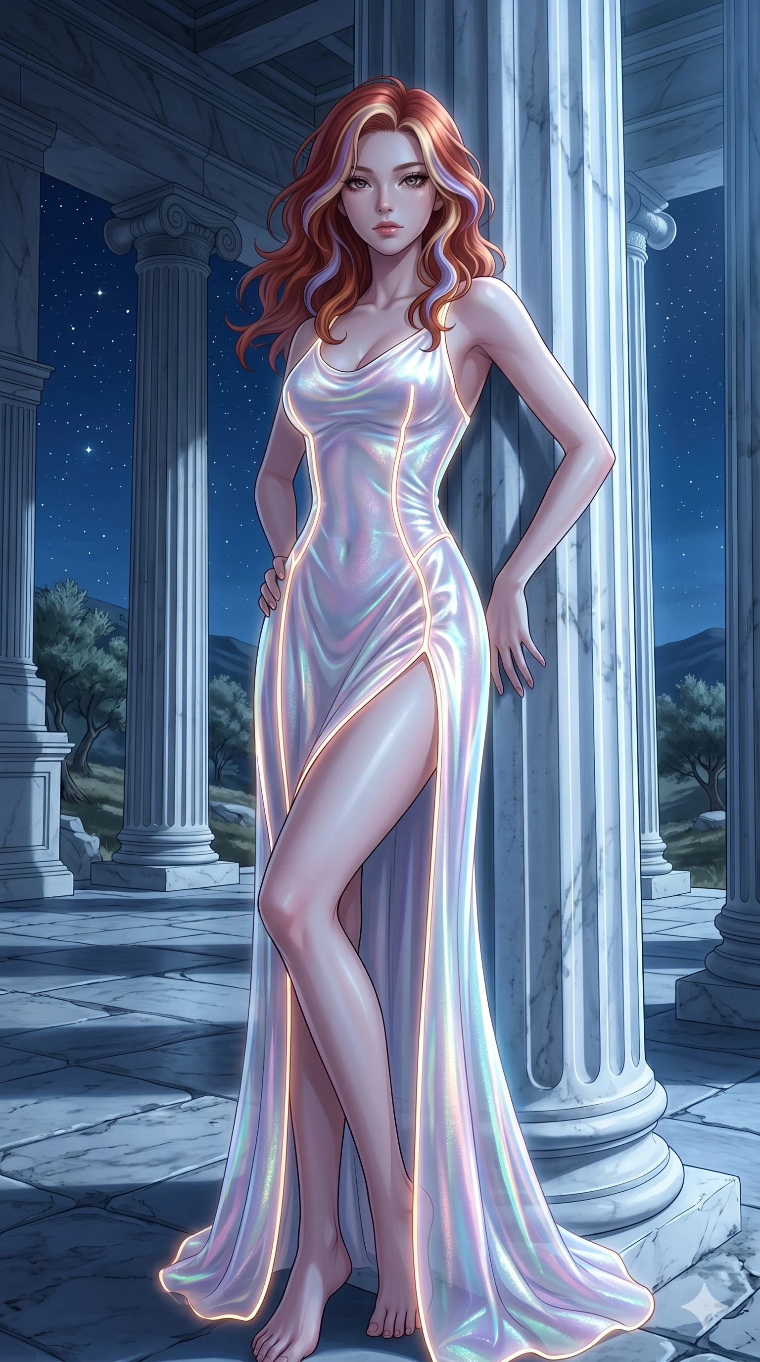 score_9, masterpiece, best quality, ultra-detailed, High-budget Anime Keyframe, East Asian woman. Low angle cowboy shot filling the entire 9:16 frame with her statuesque presence. Scenario 23: Leaning against a cold marble pillar in a moonlit greek temple. Her presence is magnetic and overpowering in this high-budget anime scene. Outfit 23: A shimmering chiffon liquid with a thigh-high slit and glowing LED seams. The clothing is designed to emphasize her exceptionally tall and slender 8-heads proportion. 8-heads proportion, towering silhouette, ultra-slim waist. sharp v-shaped jawline, intricate jewel-like eyes with depth, thick eyelashes, glossy lips. 2k, ultra detail, master piece, 9:16 ratio