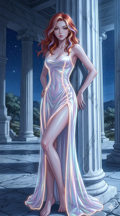 score_9, masterpiece, best quality, ultra-detailed, High-budget Anime Keyframe, East Asian woman. Low angle cowboy shot filling the entire 9:16 frame with her statuesque presence. Scenario 23: Leaning against a cold marble pillar in a moonlit greek t