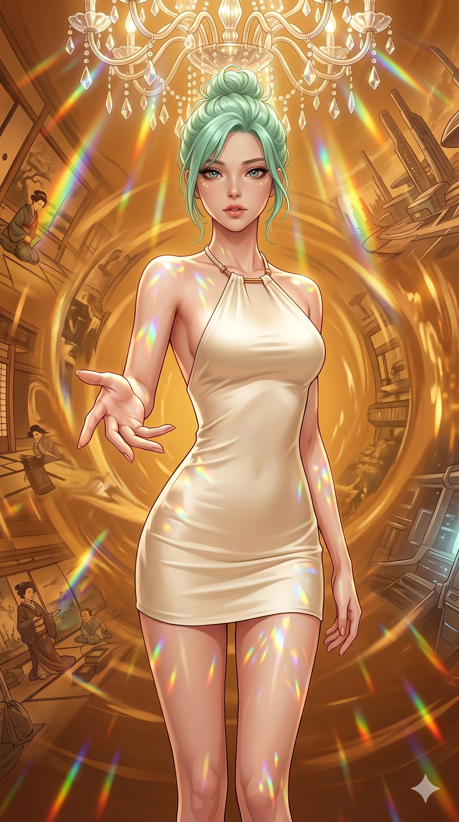 score_9, masterpiece, best quality, ultra-detailed, high-budget anime keyframe, editorial fashion photography, tasteful artistic composition, Japanese woman. cowboy shot from the thighs up, character and outfit filling the frame for maximum editorial presence. Reaching one hand toward the viewer with relaxed elegance within a temporal rift corridor of different eras suspended in amber light. She has an absolutely perfect 8-heads proportion, an exceptionally tall and slender female figure with impossibly long slender legs and an ultra-slim waist. V-shaped jawline, high-bridge nose, intricate jewel-like eyes with depth, thick eyelashes, glossy lips with a natural sheen. wearing an ultra-minimalist halter-neck mini dress in warm ivory stretch satin with a simple open-back, architectural hardware at the neck, and a perfectly form-contouring body ending at upper-thigh. illuminated by cascading rainbow prismatic light refracting through crystal overhead and casting patterns on her skin. 2k, ultra detail, master piece, 9:16 ratio