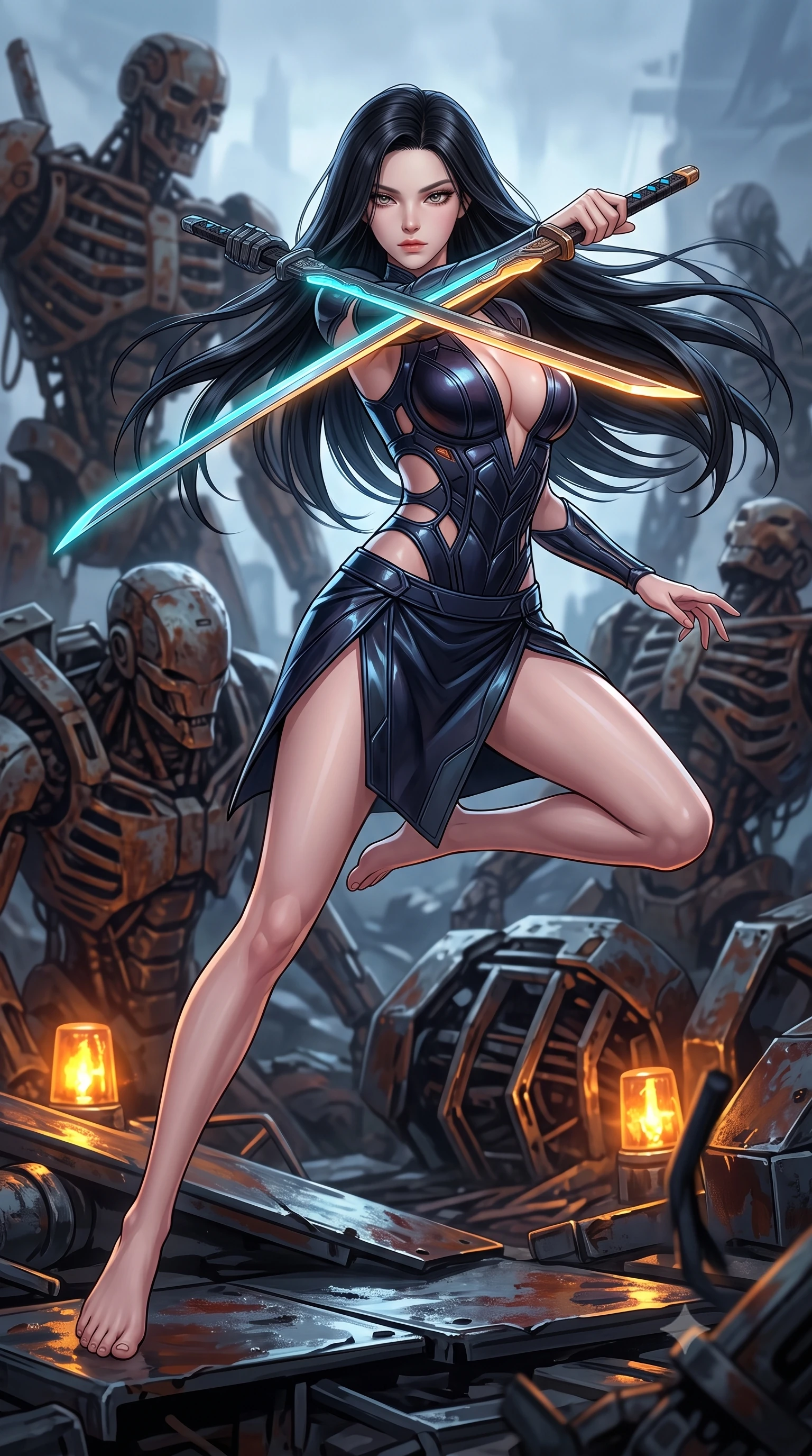 score_9, masterpiece, best quality, ultra-detailed, high-budget anime keyframe, editorial fashion photography, tasteful artistic composition, Korean woman. low angle full-body shot from head to toe showing her feet, filling the entire 9:16 vertical frame with her statuesque presence, stretching her vertical silhouette. leaping forward while slashing with a twin-bladed plasma sword in mid-air, her body-contouring suit showing her athletic silhouette, the background shows a soft-focus a graveyard of rusted mech skeletons with massive exposed steel frames. She has an absolutely perfect, statuesque 8.5-heads proportion, an exceptionally tall and slender model-like female figure with impossibly long slender legs and an ultra-slim waist. sharp v-shaped jawline, high-bridge nose, intricate jewel-like eyes with depth, thick eyelashes, glossy lips with a natural sheen. wearing a body-hugging deep plunging-V neck bodycon armor top, featuring keyhole cutouts along the ribs and a thigh-slit wrap skirt. flickering amber warning lights reflecting off wet scrap metal surfaces. highly saturated vibrant anime colors, detailed shading with soft gradients, rich glossy textures, high-contrast stereoscopic depth, volumetric dynamic lighting, master piece, 9:16 ratio