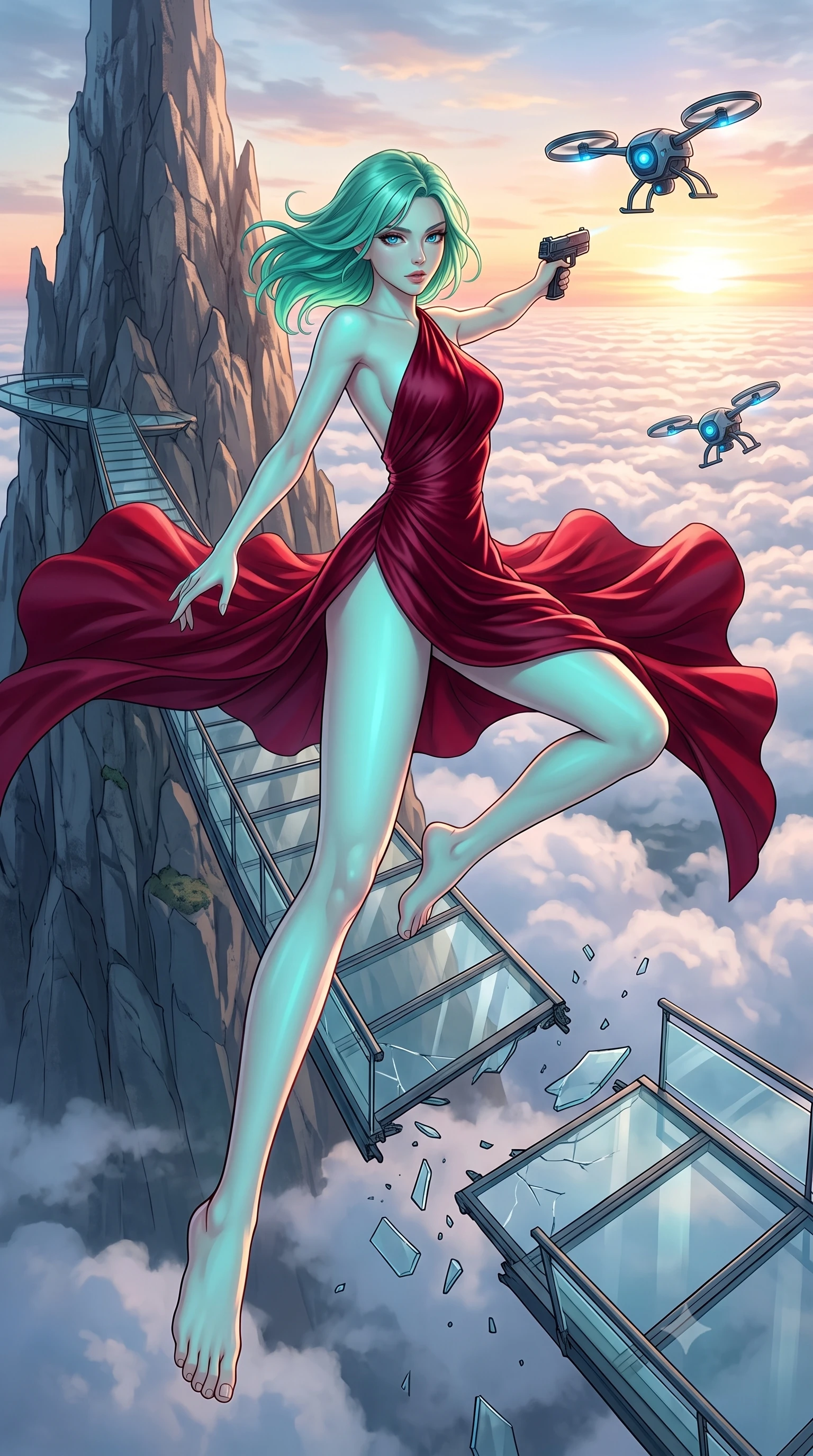 score_9, masterpiece, best quality, ultra-detailed, high-budget anime keyframe, editorial fashion photography, tasteful artistic composition, Japanese woman. low angle full-body shot from head to toe showing her feet, filling the entire 9:16 vertical frame with her statuesque presence, stretching her vertical silhouette. leaping dynamically off a collapsing sky-bridge while firing back at security drones through a glass walkway extending out from a mountain peak tower, looking down on a sea of white clouds at sunrise. She has a statuesque 8.5-heads proportion, an exceptionally tall, slender and willowy model-like build with impossibly long legs and a highly sculpted ultra-slim waist. sharp v-shaped jawline, high-bridge nose, intricate jewel-like eyes with depth, thick eyelashes, glossy lips with a natural sheen. wearing the lightweight fabric rippling and billowing dramatically with her movement, a slim-fit high-slit evening gown in deep crimson silk, featuring an asymmetric one-shoulder design and a bare back. highly saturated vibrant anime colors, intense vivid color palette, soft 3D volumetric shading, volumetric dynamic lighting, soft aqua bioluminescent light making her skin luminously glow against darkness. 2k, ultra detail, master piece, 9:16 ratio