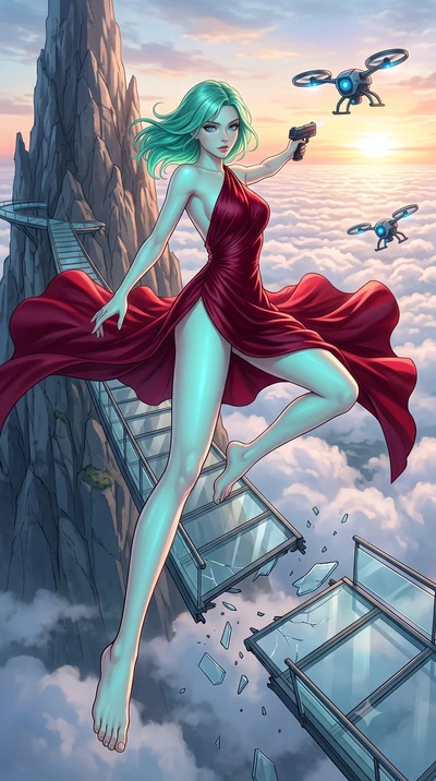score_9, masterpiece, best quality, ultra-detailed, high-budget anime keyframe, editorial fashion photography, tasteful artistic composition, Japanese woman. low angle full-body shot from head to toe showing her feet, filling the entire 9:16 vertical