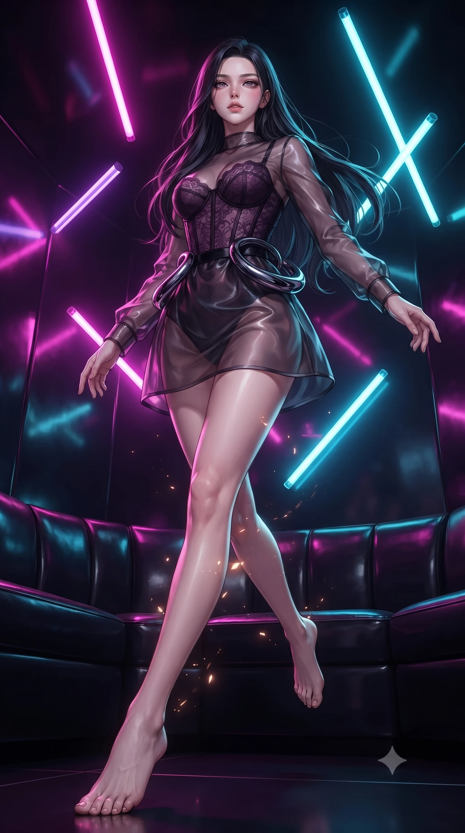 score_9, masterpiece, best quality, ultra-detailed, high-budget anime keyframe, editorial fashion photography, tasteful artistic composition, Korean woman. low angle full-body shot from head to toe showing her feet, filling the entire 9:16 vertical frame with her statuesque presence, stretching her vertical silhouette. interacting with glowing light particles, her long slender legs poised in motion, navigating a dark leather-walled VIP room filled with floating neon light tubes, vibrant magenta and cyan neon rays casting geometric highlights on glossy vinyl. She has an absolutely perfect, statuesque 8.5-heads proportion, an exceptionally tall and slender model-like female figure with impossibly long slender legs and an ultra-slim waist. sharp v-shaped jawline, high-bridge nose, intricate jewel-like eyes with depth, thick eyelashes, glossy lips with a natural sheen. wearing translucent dark organza mini dress over structured black lace corset in dark plum violet, made of liquid dark mercury jersey, accented with sculpted obsidian chrome rings at the waist, highlighting her statuesque proportions and ultra-slim waistline. illuminated by vibrant magenta and cyan neon rim light against pitch-black leather. ultra-reflective glossy finish, specular highlights, metallic sheen, high-contrast stereoscopic depth, volumetric dynamic lighting, 2k, ultra detail, master piece, 9:16 ratio