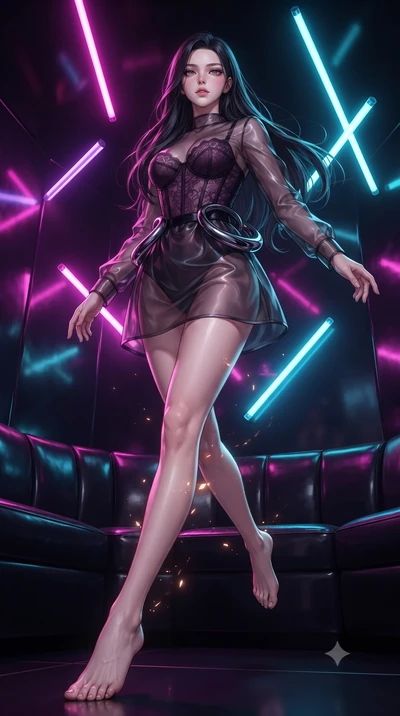 score_9, masterpiece, best quality, ultra-detailed, high-budget anime keyframe, editorial fashion photography, tasteful artistic composition, Korean woman. low angle full-body shot from head to toe showing her feet, filling the entire 9:16 vertical f
