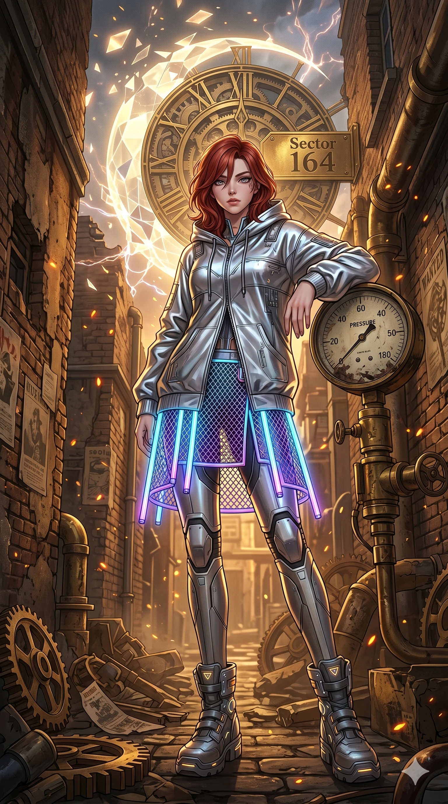 score_9, masterpiece, best quality, ultra-detailed, Set A: High-budget Anime Keyframe, Japanese woman. Low angle cowboy shot filling the entire 9:16 frame with her statuesque presence. Theme: Urban Decay. shattering the fabric of reality in a steampunk London alleyway, with a massive clockwork moon ticking behind her as sector 164. The atmosphere is filled with golden hour with floating embers. She has an absolutely perfect 8-heads proportion, an exceptionally tall and slender female figure with impossibly long slender legs and an ultra-slim waist. Sharp v-shaped jawline, high-bridge nose, intricate jewel-like eyes with depth, glossy lips. Wearing Cyber-rebel hoodie made of liquid-metal fabric with a neon-lit mesh skirt. Cinematic lighting, vivid colors, dramatic shadows, 2k, ultra detail, master piece, 9:16 ratio