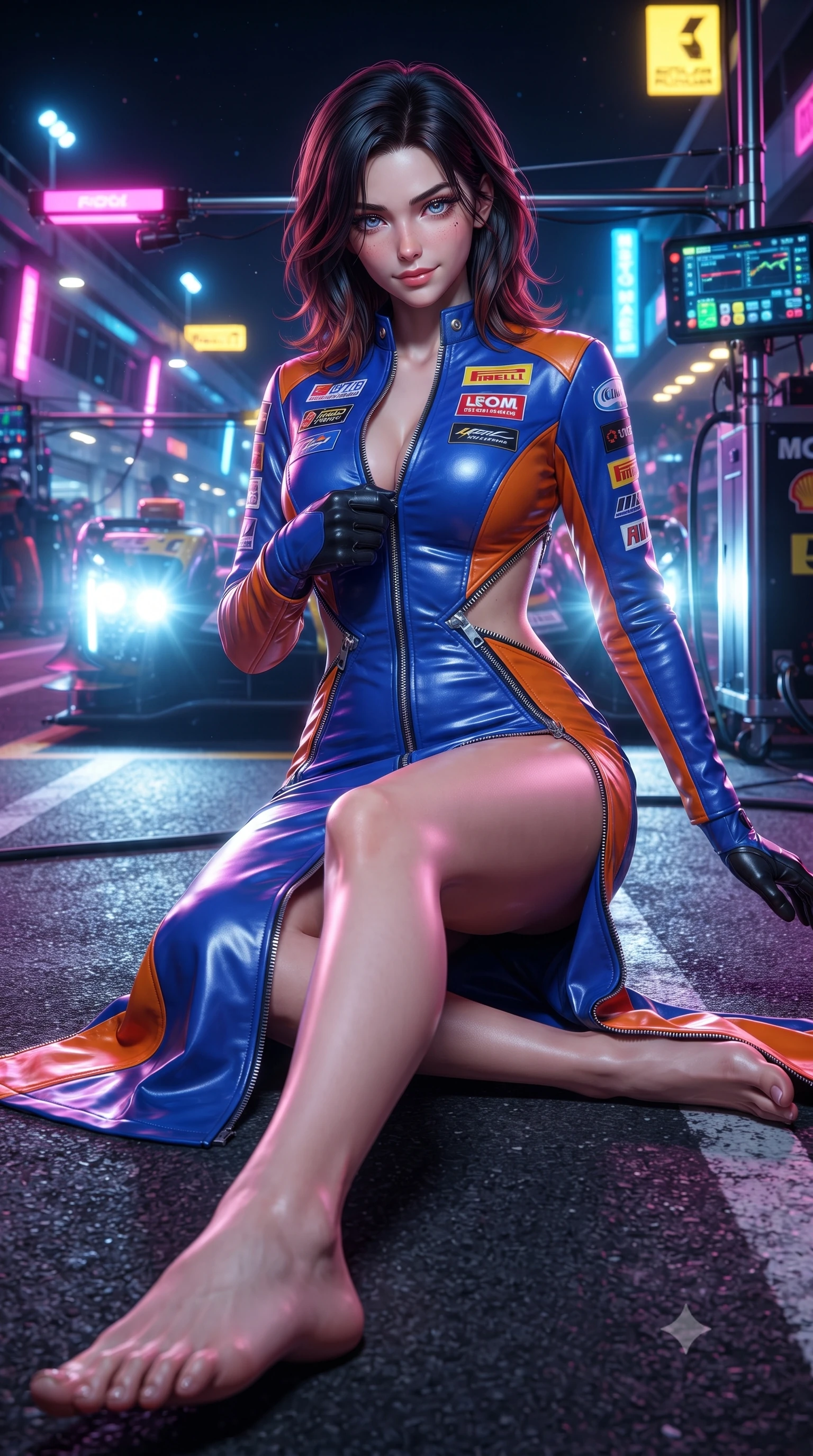 score_9, masterpiece, best quality, ultra-detailed, high-budget anime keyframe, editorial fashion photography, tasteful artistic composition, Korean woman. low angle full-body shot from head to toe showing her feet, filling the entire 9:16 vertical frame with her statuesque presence, stretching her vertical silhouette. reclining back languidly with one knee bent and spine arched in a breathtaking dancer line, commanding the entire 9:16 vertical frame while unzipping her leather racing suit with a slow, teasing smile, eyes locked with daring magnetism on the viewer. The surrounding environment is rendered in vivid detail and crisp panoramic clarity. detailed leather racing suit sponsor patches, zipper teeth, and glowing telemetry HUD screens in high resolution. She has an absolutely perfect, statuesque 8.5-heads proportion, an exceptionally tall and slender model-like female figure with impossibly long slender legs, a toned flat midriff, and an ultra-slim waist. sharp v-shaped jawline, high-bridge nose, intricate jewel-like eyes with depth, thick eyelashes, glossy parted lips with a natural sheen, intensely captivating and seductive expression, flawlessly proportioned anatomical accuracy, strict slender model proportions, natural body alignment, perfectly sculpted long slender limbs, ultra-slim waistline, clean dynamic posture without body distortion. wearing a form-contouring vinyl track dress with diagonal zipper detailing and an ultra-high side slit in electric cobalt blue and high-contrast orange, tailored from supple second-skin lambskin leather adhering to her curves, accented with diagonal metal zippers running across the side-waist cutouts, the glove-like aerodynamic second-skin fit tightly clinging to her ultra-slender waist and athletic curves without adding bulk, accentuating her razor-sharp statuesque lines and slim hourglass silhouette. bathed in high-intensity xenon hypercar headlights and neon pitlane floodlights. ultra-reflective glossy finish, specular highlights, rich textural contrasts, high-contrast stereoscopic depth, volumetric dynamic lighting, 2k, ultra detail, master piece, 9:16 ratio