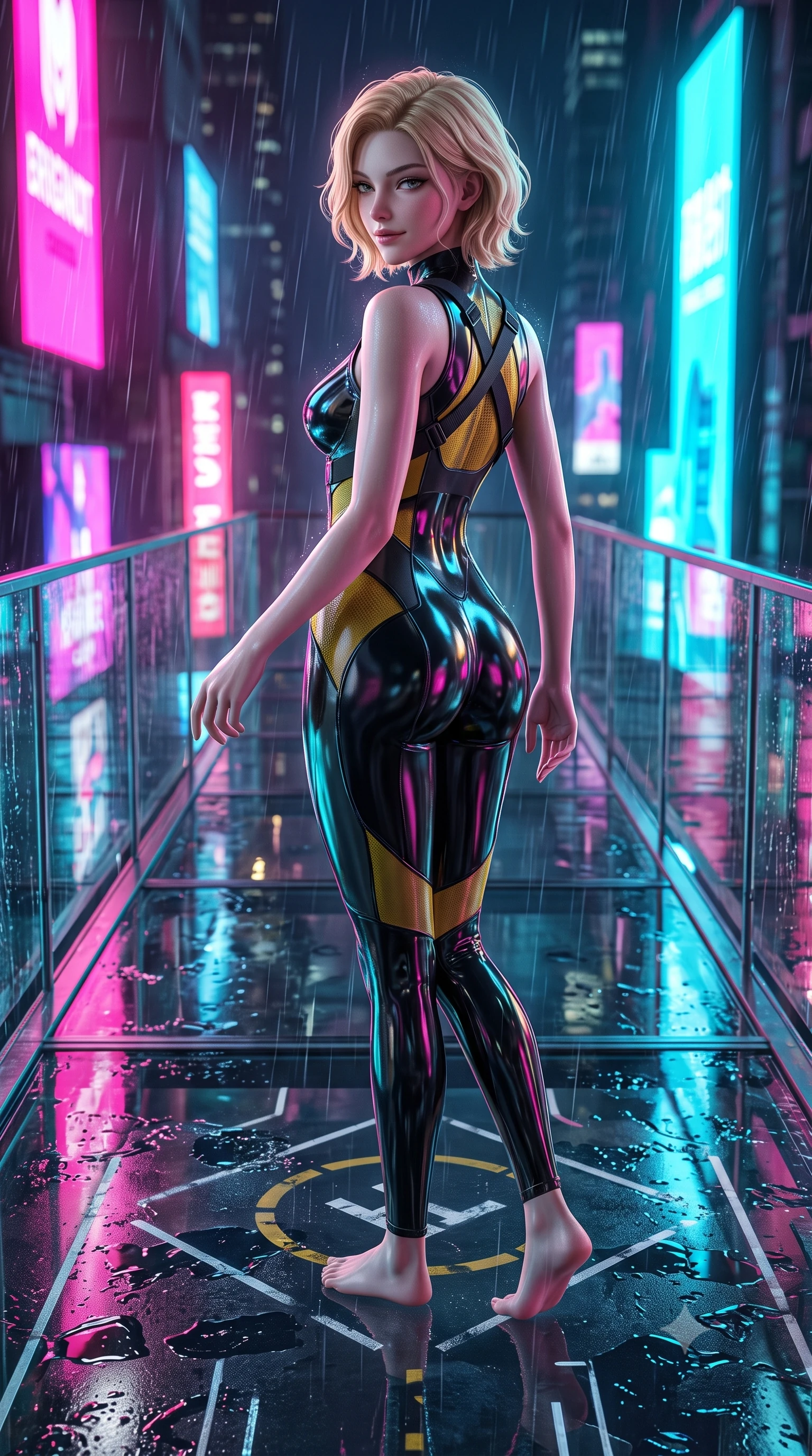 score_9, masterpiece, best quality, ultra-detailed, high-budget anime keyframe, semi-realistic 3D game render, editorial fashion photography, tasteful artistic composition, Caucasian woman. low angle full-body shot from head to toe showing her feet, filling the entire 9:16 vertical frame with her statuesque presence, stretching her vertical silhouette. walking slowly along the transparent glass skybridge, looking back over her shoulder with an air of effortless grace and an alluring, smoldering smile while twisting her slender torso in an alluring S-curve as warm cyber-city rain glistens on her tight suit, highlighting her curvy hips and waist. The surrounding environment is rendered in vivid detail and crisp panoramic clarity: sharp wet tarmac puddle specular highlights, illuminated yellow helipad markings, and rain streak clarity in deep focus. She has an absolutely perfect, statuesque 8.5-heads proportion, an exceptionally tall and slender model-like female figure with impossibly long slender legs, an ultra-slim waist, a flat toned midriff, narrow delicate ribcage, and beautifully sculpted feminine hips creating a graceful, slim hourglass silhouette without any bulky heaviness. sharp v-shaped jawline, high-bridge nose, intricate jewel-like sparkling eyes with depth, thick eyelashes, glossy parted lips with a natural sheen, bright confident smile with an enchanting and coquettish sensual glint, exuding both youthful magnetic charm and sovereign high-tech allure, flawlessly proportioned anatomical accuracy, strict slender model proportions, natural body alignment, perfectly sculpted long slender limbs, ultra-slim waistline, clean dynamic posture without body distortion. wearing a sleeveless high-collar cyber pilot suit in liquid-look obsidian jersey with strategic sheer ventilation panels in industrial hazard yellow and matte carbon black, tailored from ultra-reflective glossy liquid vinyl with mirror-like specular highlights, finished with criss-cross Kevlar tactical straps tracing her graceful shoulder blades, the aerodynamic second-skin silhouette tightly following the natural contour of her hips and long slender legs with youthful 8.5-heads elegance. bathed in intense saturated magenta and electric cyan billboard reflections bouncing off wet asphalt. highly saturated vibrant anime colors, detailed shading with soft gradients, rich glossy textures, high-contrast stereoscopic depth, volumetric dynamic lighting, master piece, 9:16 ratio