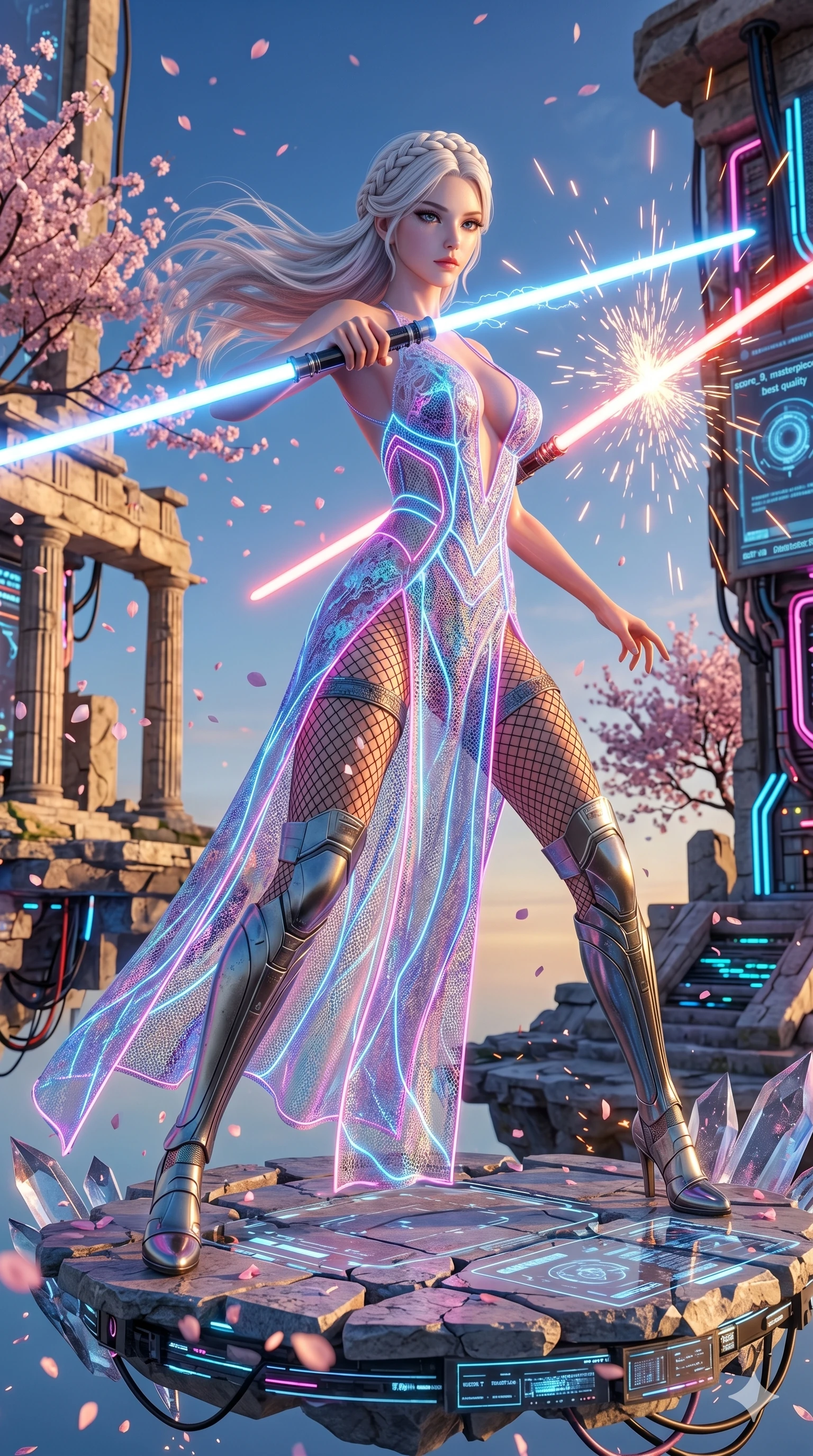 score_9, masterpiece, best quality, ultra-detailed, Photorealistic 8k CG, masterpiece, hyper-realistic SSS skin texture, cinematic ray-tracing, every pore and strand of hair rendered with extreme precision, 8k resolution, Korean woman with idol-like refined features. Dynamic full-body shot stretching the vertical silhouette, capturing her from a powerful low-angle perspective. Wielding a dual-bladed light-saber in a high-stakes duel within an underground cyber-arena, sparks flying as she deflects incoming attacks. She has an absolutely perfect 8-heads proportion, an exceptionally tall and slender female figure with impossibly long slender legs and an ultra-slim waist, her statuesque height and towering silhouette dominating the vertical 9:16 frame. Her face is a masterpiece featuring a sharp v-shaped jawline, high-bridge nose, intricate jewel-like eyes with depth, thick eyelashes, and glossy lips with a natural sheen. She is wearing a Holographic lace evening gown with a dangerously high slit and a plunging neckline crafted from Fluorescent mesh that glows brightly under neon light, highlighting her silhouette, accompanied by sensual fishnet stockings and thigh-high metallic boots. The scene is set in an ancient floating island with pink cherry blossoms falling like snow against a blue sky, illuminated by golden hour sunlight that gives her skin a warm, radiant glow. 2k, ultra detail, master piece, 9:16 ratio