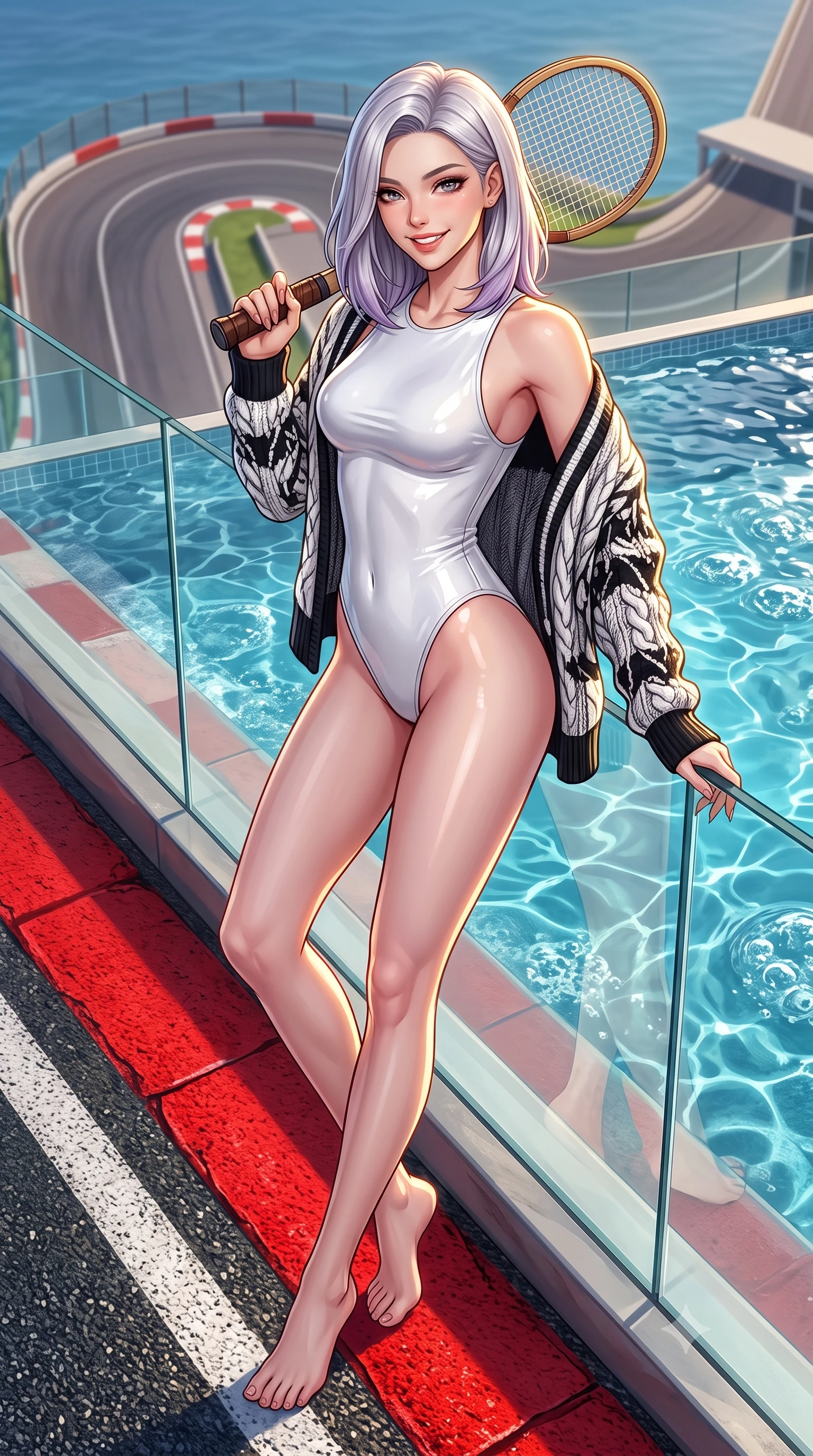 score_9, masterpiece, best quality, ultra-detailed, high-budget anime keyframe, semi-realistic 3D game render, editorial fashion photography, tasteful artistic composition, Caucasian woman. low angle full-body shot from head to toe showing her feet, filling the entire 9:16 vertical frame with her statuesque presence, stretching her vertical silhouette. leaning deep against the pit lane barrier with hips cocked back in an unapologetically alluring high-fashion stance, flashing a warm beaming smile while standing poised on the rooftop pool terrace directly overlooking the famous tight hairpin curve, arching her back with breathtaking glamour. The surrounding environment is rendered in vivid detail and crisp panoramic clarity: sharp red curb paint texture, glass balustrade clarity, and bubbling pool water surface ripples in deep focus. She has an absolutely perfect, statuesque 8.5-heads proportion, an exceptionally tall and slender model-like female figure with impossibly long slender legs, an ultra-slim waist, a flat toned midriff, narrow delicate ribcage, and beautifully sculpted feminine hips creating a graceful, slim hourglass silhouette without any bulky heaviness. sharp v-shaped jawline, high-bridge nose, sparkling eyes with athletic focus and depth, thick curled eyelashes, glossy parted lips with a natural coral-peach sheen, bright confident and coquettish smile with alluring bedroom-eyes, exuding both youthful sporty vigor and sovereign high-society glamour, flawlessly proportioned anatomical accuracy, strict slender model proportions, natural body alignment, perfectly sculpted long slender limbs, ultra-slim waistline, clean dynamic posture without body distortion. wearing a luxurious cashmere cable-knit tennis sweater draped over a liquid-tight white leather racerback bodysuit in dual-tone high-contrast racing monochrome, made of high-gloss reflective patent leather with mirror-like specular highlights, featuring a vintage wooden tennis racket held casually over one shoulder, the liquid-tight tailored fabric clinging flawlessly to her narrow waist and rounded feminine hips, emphasizing every millimeter of her sculpted slim hourglass curves without any bulky heaviness. illuminated by pool water caustic bounce and sharp warm-gold rim lights sculpting her razor-sharp jawline, narrow waist, and curvy hips. highly saturated vibrant anime colors, detailed shading with soft gradients, rich glossy textures, high-contrast stereoscopic depth, volumetric dynamic lighting, master piece, 9:16 ratio