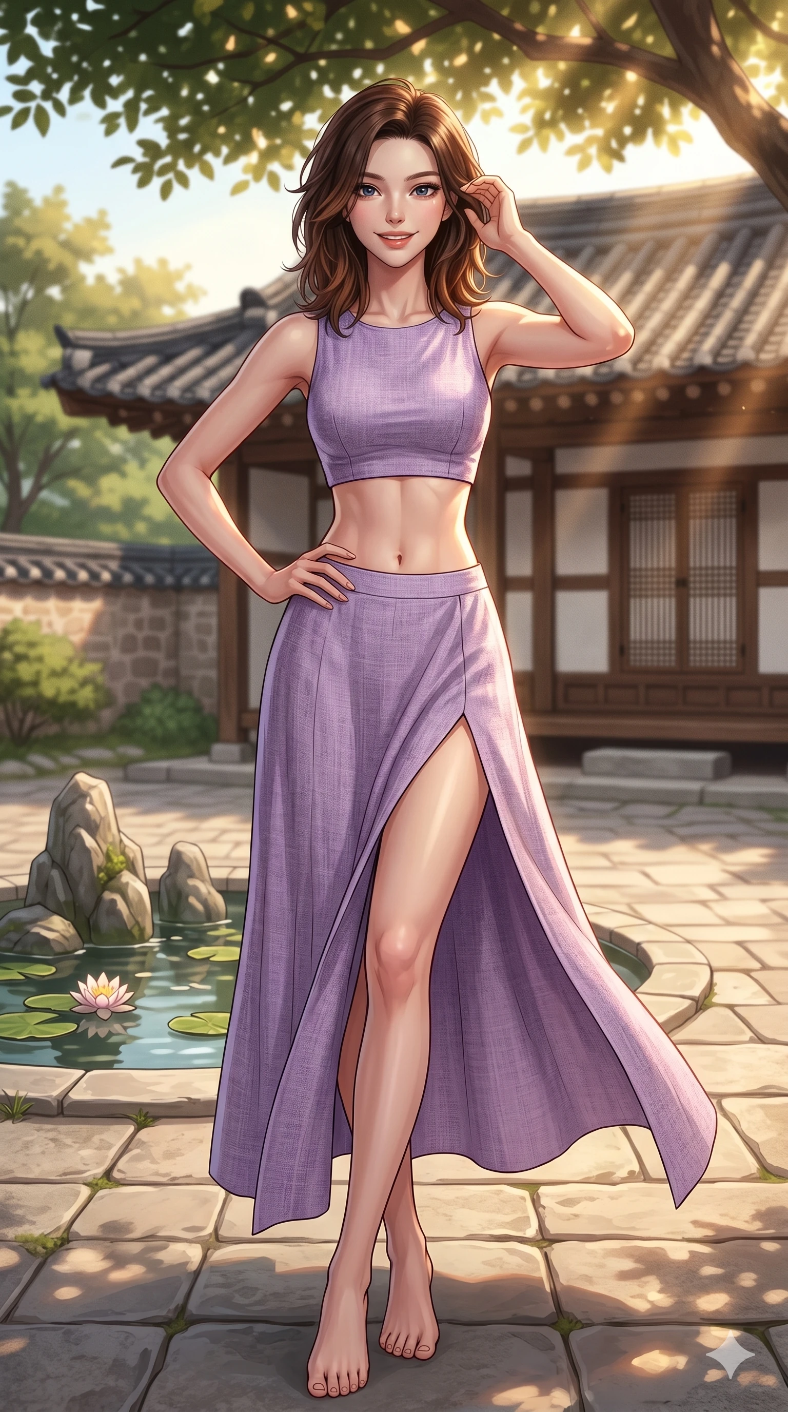score_9, masterpiece, best quality, ultra-detailed, high-budget anime keyframe, editorial fashion photography, tasteful artistic composition, Korean woman. cowboy shot from the thighs up, character and outfit filling the frame for maximum editorial presence. smiling happily with quiet, magnetic charm, looking directly into the camera standing in a classic courtyard patio with a small pond. She has an absolutely perfect 8-heads proportion, an exceptionally tall and slender female figure with impossibly long slender legs and an ultra-slim waist. V-shaped jawline, high-bridge nose, intricate jewel-like eyes with depth, thick eyelashes, glossy lips with a natural sheen. wearing a lavender crop top showing her delicately sculpted midriff, and a split linen skirt. bathed in warm afternoon sunbeams creating soft, warm highlights on her skin. 2k, ultra detail, master piece, 9:16 ratio