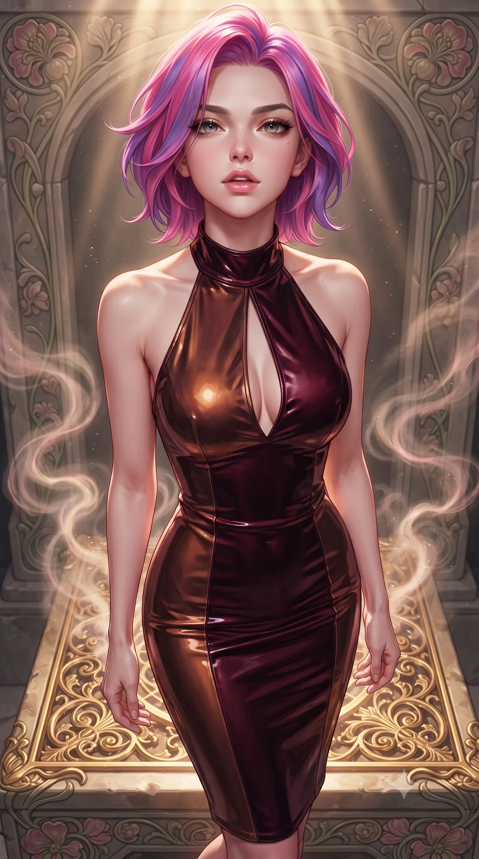 score_9, masterpiece, best quality, ultra-detailed, high-budget anime keyframe, editorial fashion photography, tasteful artistic composition, Caucasian woman. close-up cowboy shot from the waist and thighs up, the character dominates the composition, filling the frame with her large presence, background elements kept in soft focus. Tilting her chin up slightly with lips parted in a magnetic, composed expression poised on a golden filigree altar surrounded by glowing incense vapors, intricate floral Art Nouveau motifs decorating the surrounding stone. She has an exceptionally elegant, slender, and willowy female figure with an ultra-slim waist, a gracefully sculpted slender torso, and a refined silhouette. sharp v-shaped jawline, high-bridge nose, intricate jewel-like eyes with depth, thick eyelashes, glossy lips with a natural sheen. wearing a velvet halter-neck midi dress following her form like a glove in deep burgundy and bronze, tailored from high-gloss patent leather, accented with a Tasteful chest slit framing her clavicle gracefully, the tailored fabric tightly following every curve of her athletic build. surrounded by a glowing divine aura of sunbeams and incense radiance. highly saturated vibrant anime colors, detailed shading with soft gradients, rich glossy textures, high-contrast stereoscopic depth, volumetric dynamic lighting, master piece, 9:16 ratio