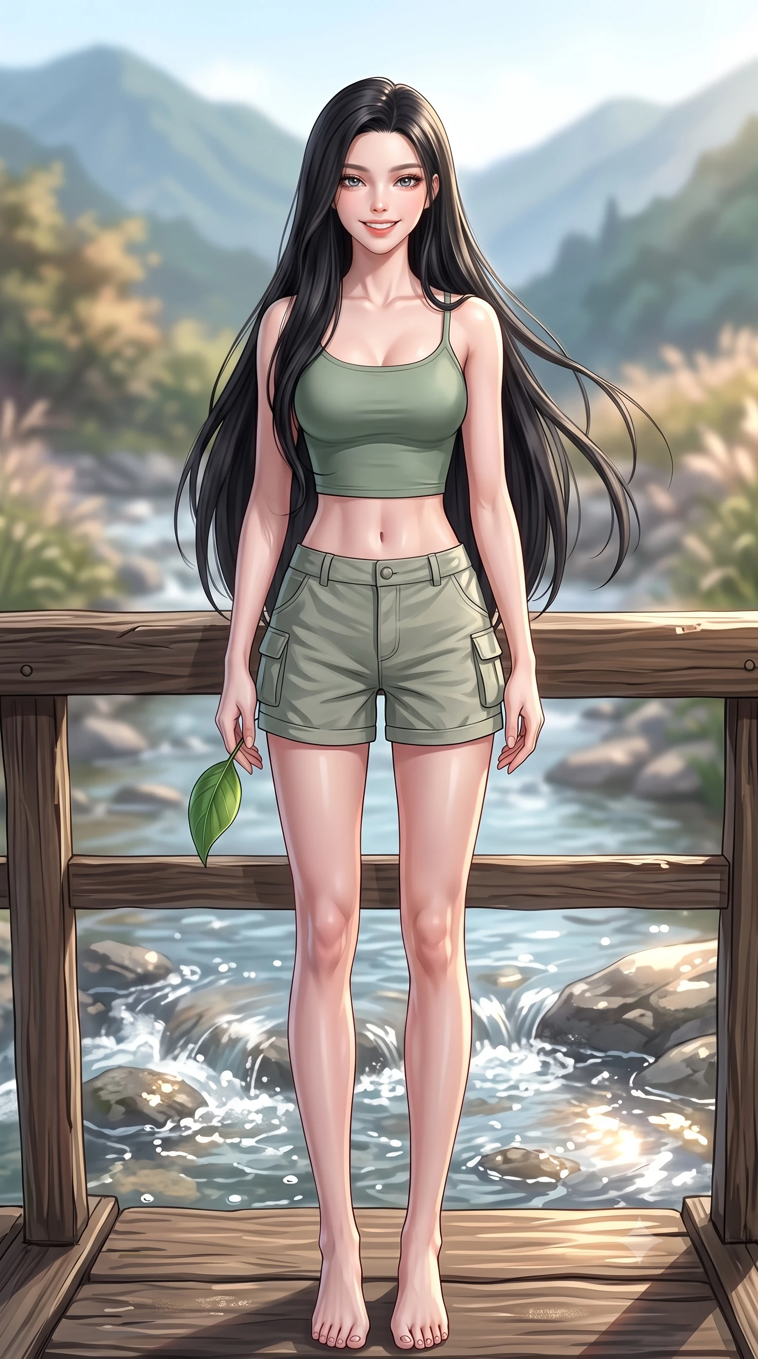 score_9, masterpiece, best quality, ultra-detailed, high-budget anime keyframe, editorial fashion photography, tasteful artistic composition, Korean woman. low angle full-body shot from head to toe showing her feet, filling the entire 9:16 vertical frame with her statuesque presence, stretching her vertical silhouette. standing with a cute, bright pose, tilting her head with a beaming smile set against a soft-focus background of on a rustic wooden bridge crossing a shallow, bubbling valley stream holding a smooth green leaf with a happy, refreshed expression. She has an absolutely perfect, statuesque 8.5-heads proportion, an exceptionally tall and slender model-like female figure with impossibly long slender legs and an ultra-slim waist. sharp v-shaped jawline, high-bridge nose, intricate jewel-like eyes with depth, thick eyelashes, glossy lips with a natural sheen. wearing slim-fit stylish crop top in sage green, paired with lightweight cargo shorts. soft afternoon sunlight reflecting off the wet rocks and water pool. highly saturated vibrant anime colors, detailed shading with soft gradients, rich glossy textures, high-contrast stereoscopic depth, volumetric dynamic lighting, master piece, 9:16 ratio