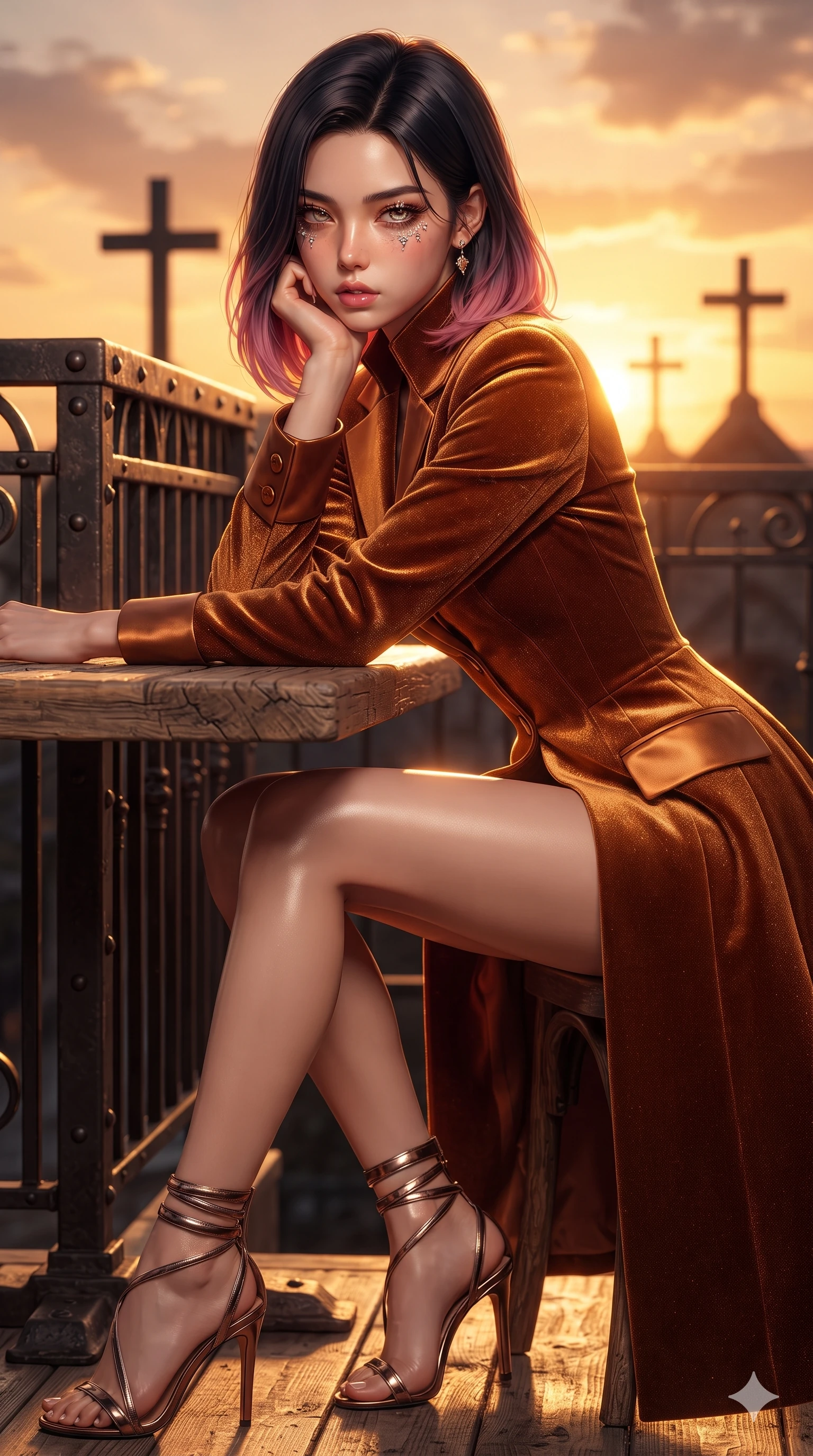 score_9, masterpiece, best quality, ultra-detailed, high-budget anime keyframe, editorial fashion photography, tasteful artistic composition, Korean woman. close-up cowboy shot from the waist and thighs up, the character dominates the composition, filling the frame with her large presence. resting one elbow on the table and supporting her chin, leaning close to the camera with heavy-lidded sparkling eyes and parted lips while twisting her slender torso in an alluring S-curve, glowing amber sunset rays and rising church silhouettes tracing her flat midriff and hourglass curves. The surrounding environment is rendered in vivid detail and crisp panoramic clarity: sharp aged cedar wood grain textures, wrought-iron railing rivets, and crisp distant church cross silhouettes in deep focus. She has an exceptionally elegant, slender, and willowy female figure with an ultra-slim waist, flat toned midriff, narrow ribcage, and sculpted feminine hips creating an alluring, slim hourglass silhouette without bulk. sharp v-shaped jawline, high-bridge nose, intricate jewel-like sparkling eyes with depth, thick eyelashes, glossy parted lips with a natural sheen, intensely captivating and seductive bedroom-eyes expression, exuding both youthful cute charm and sovereign luxury allure, flawlessly proportioned anatomical accuracy, strict slender model proportions, natural body alignment, perfectly sculpted long slender limbs, ultra-slim waistline, clean dynamic posture without body distortion. wearing a tailored high-collar velvet evening coat dress with structural waist cinching and satin cuff accents in rich copper bronze and warm amber, woven from high-density tech-wool with subtle metallic thread weave, complemented by strappy stiletto sandals with metallic ankle wraps accentuating her slender calves, the bespoke structured tailoring following the natural line of her 8.5-heads silhouette with refined elegance. bathed in the dramatic warm 2200K golden-hour sunset light casting intense specular highlights along her silhouette. ultra-reflective glossy finish, specular highlights, rich textural contrasts, high-contrast stereoscopic depth, volumetric dynamic lighting, 2k, ultra detail, master piece, 9:16 ratio