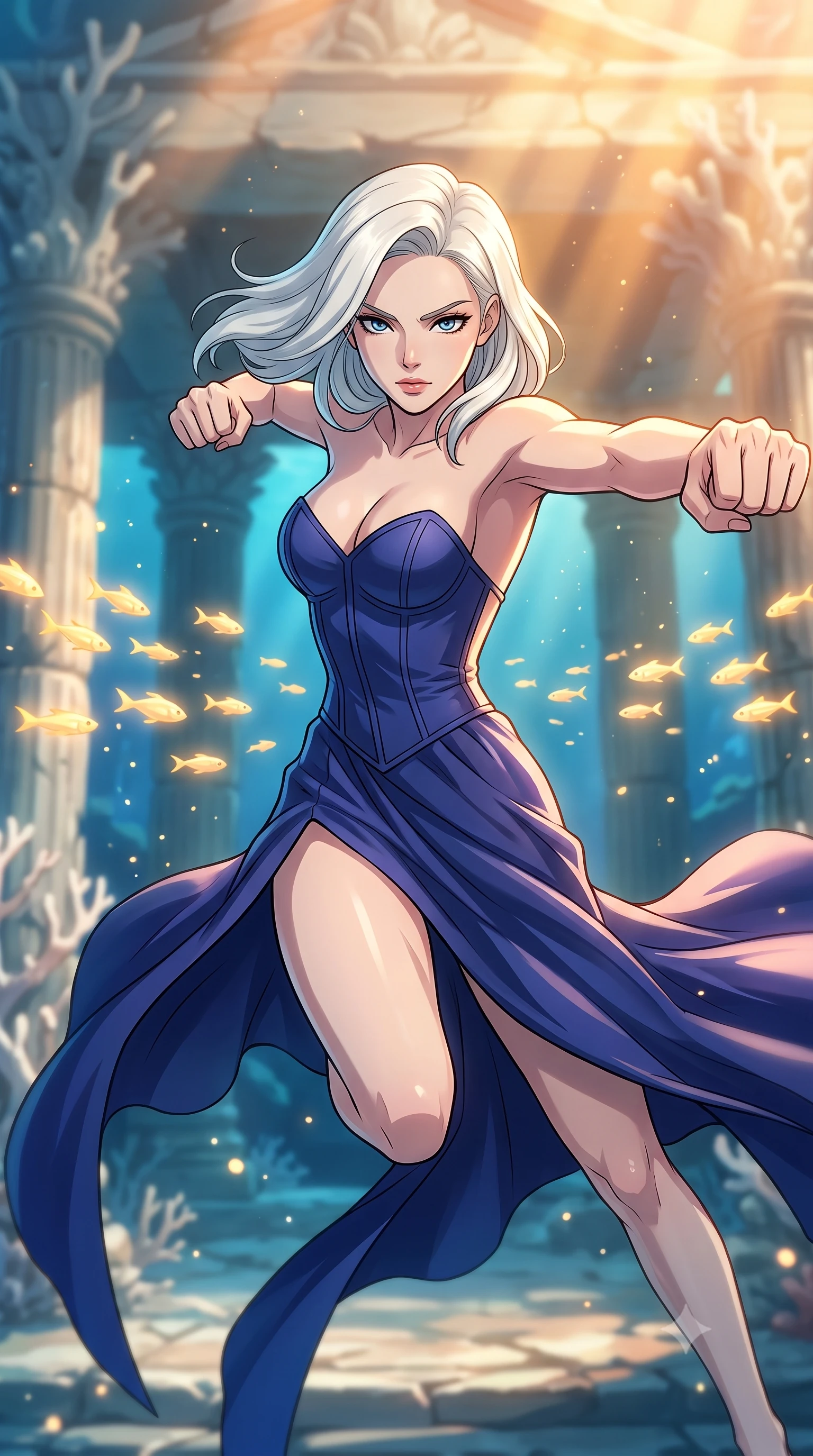 score_9, masterpiece, best quality, ultra-detailed, high-budget anime keyframe, clean line-art, cel-shading, Caucasian woman, strictly human ears. close-up cowboy shot from the waist and thighs up, the character dominates the composition, filling the frame with her large presence, background elements kept in soft focus. Leaping into the camera's view with an aggressive, mid-action strike pose. set against a soft-focus background of an underwater temple built of fossilized white coral, where glowing golden light-fish swim in schools between stone pillars. She has an exceptionally elegant and slender, willowy female figure with an ultra-slim waist, a gracefully sculpted slender torso, and a refined slim physique. sharp v-shaped jawline, high-bridge nose, intricate jewel-like eyes with depth, thick eyelashes, glossy lips with a natural sheen. wearing catching and diffusing the glowing particles, shimmering softly in response to the surrounding light, a form-contouring structured bustier gown in deep indigo blue, featuring a boned bodice, a daring high front slit, and an open back. golden hour sunlight streaming in warm shafts with floating dust particles catching the light. highly saturated vibrant anime colors, intense vivid color palette, volumetric dynamic lighting, 2k, ultra detail, master piece, 9:16 ratio