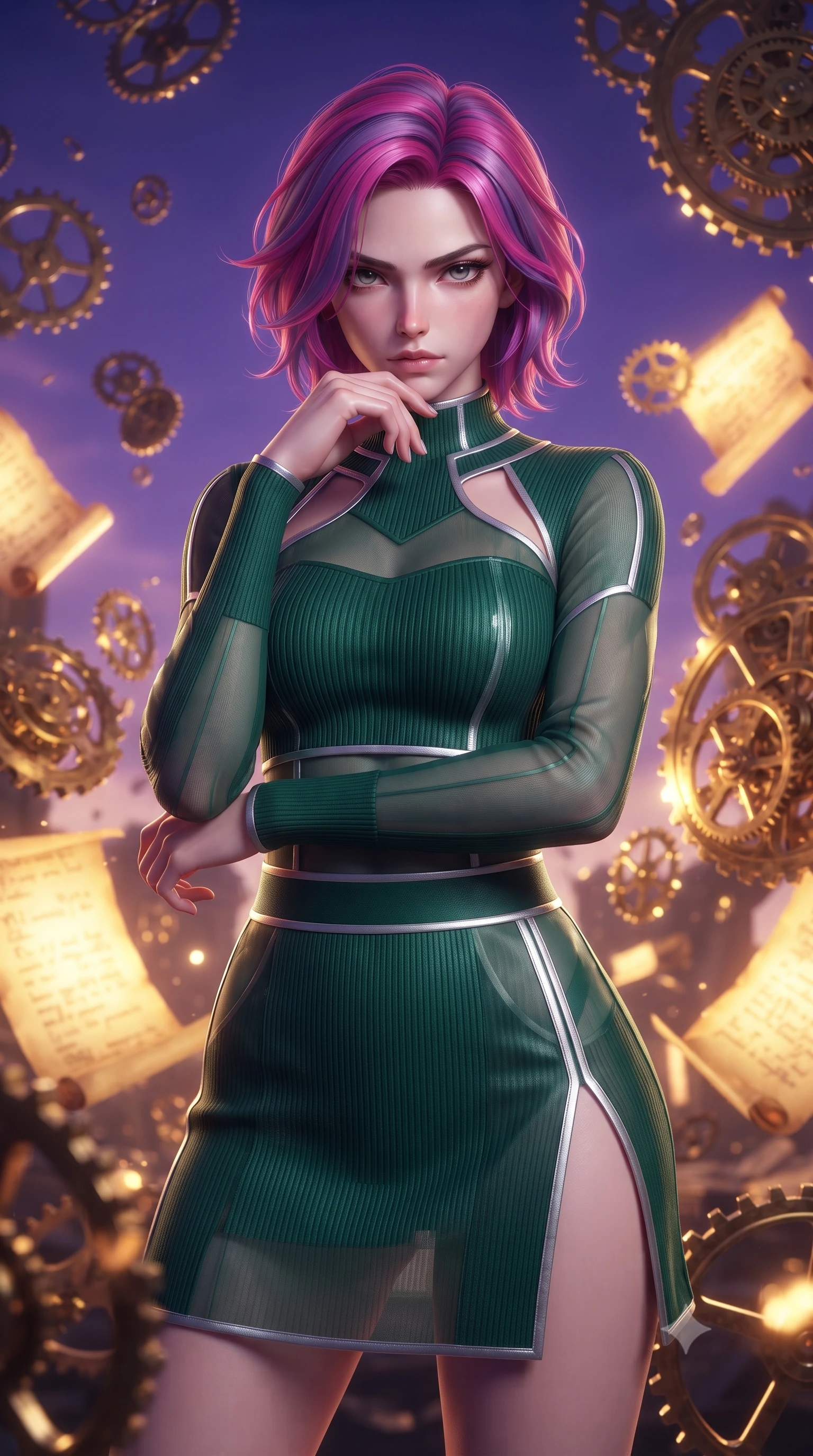 score_9, masterpiece, best quality, ultra-detailed, high-budget anime keyframe, editorial fashion photography, tasteful artistic composition, Caucasian woman. close-up cowboy shot from the waist and thighs up, the character dominates the composition, filling the frame with her large presence, background elements kept in soft focus. Resting her chin on the backs of her fingers, casting a sharp, mysterious gaze surrounded by floating antique brass gears and glowing golden parchment scrolls, floating brass gears and clocksprings casting intricate metallic reflections. She has an exceptionally elegant, slender, and willowy female figure with an ultra-slim waist, a gracefully sculpted slender torso, and a refined silhouette. sharp v-shaped jawline, high-bridge nose, intricate jewel-like eyes with depth, thick eyelashes, glossy lips with a natural sheen. wearing a form-fitting ribbed activewear set with collar cutouts in deep emerald green and silver accent, woven from fine semi-opaque sheer organza, finished with a sleek side slit ascending to mid-thigh, the form-contouring material highlighting her ultra-slim waist and long lines. lit by a contrast of deep violet sky and radiant golden mechanical light. highly saturated vibrant anime colors, detailed shading with soft gradients, rich glossy textures, high-contrast stereoscopic depth, volumetric dynamic lighting, master piece, 9:16 ratio