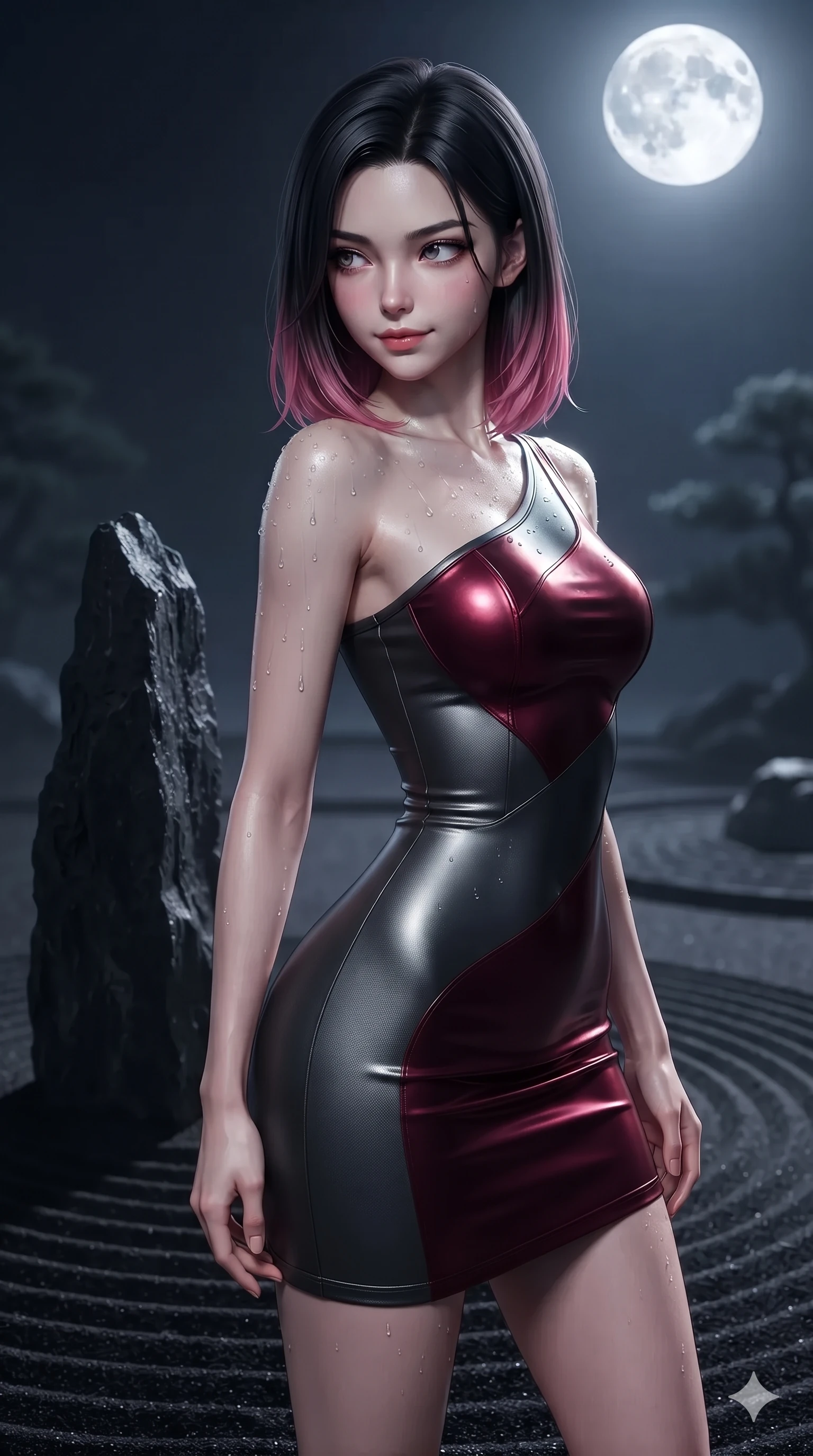score_9, masterpiece, best quality, ultra-detailed, high-budget anime keyframe, editorial fashion photography, tasteful artistic composition, Korean woman. close-up cowboy shot from the waist and thighs up, the character dominates the composition, filling the frame with her large presence. glancing sidelong over her shoulder with a smoldering, enigmatic half-smile that commands the frame while standing tall beside a solitary jagged basalt monolith in the raked black sand garden, arching her spine with sovereign supermodel grace. The background shows a soft-focus monastic zen dry garden at midnight softened in contemplative shallow focus. She has an exceptionally elegant, slender, and willowy female figure with an ultra-slim waist, flat toned midriff, narrow ribcage, and sculpted feminine hips creating an alluring, slim hourglass silhouette without bulk. sharp v-shaped jawline, high-bridge nose, intricate jewel-like dark sparkling eyes with hypnotic seductive depth, thick curled eyelashes, glossy parted lips with a natural wine sheen, alluring bedroom-eyes with an enigmatic smoldering smile, exuding magnetic sovereign charisma and dark avant-garde glamour, flawlessly proportioned anatomical accuracy, strict slender model proportions, natural body alignment, perfectly sculpted long slender limbs, ultra-slim waistline, clean dynamic posture without body distortion. wearing an asymmetric one-shoulder liquid mercury metallic mini dress hugging her narrow waist and curvy hips in deep crimson burgundy and matte charcoal, woven from matte carbon-fiber weave with high-tech structural hold, finished with glistening moisture droplets beading across her sculpted shoulders and flat midriff, the liquid-tight tailored fabric clinging flawlessly to her narrow waist and rounded feminine hips, emphasizing every millimeter of her sculpted slim hourglass curves without any bulky heaviness. bathed in the blinding, crisp 5500K silver light of the full moon casting razor-sharp shadows across the black sand. ultra-reflective glossy finish, specular highlights, metallic sheen, high-contrast stereoscopic depth, volumetric dynamic lighting, 2k, ultra detail, master piece, 9:16 ratio