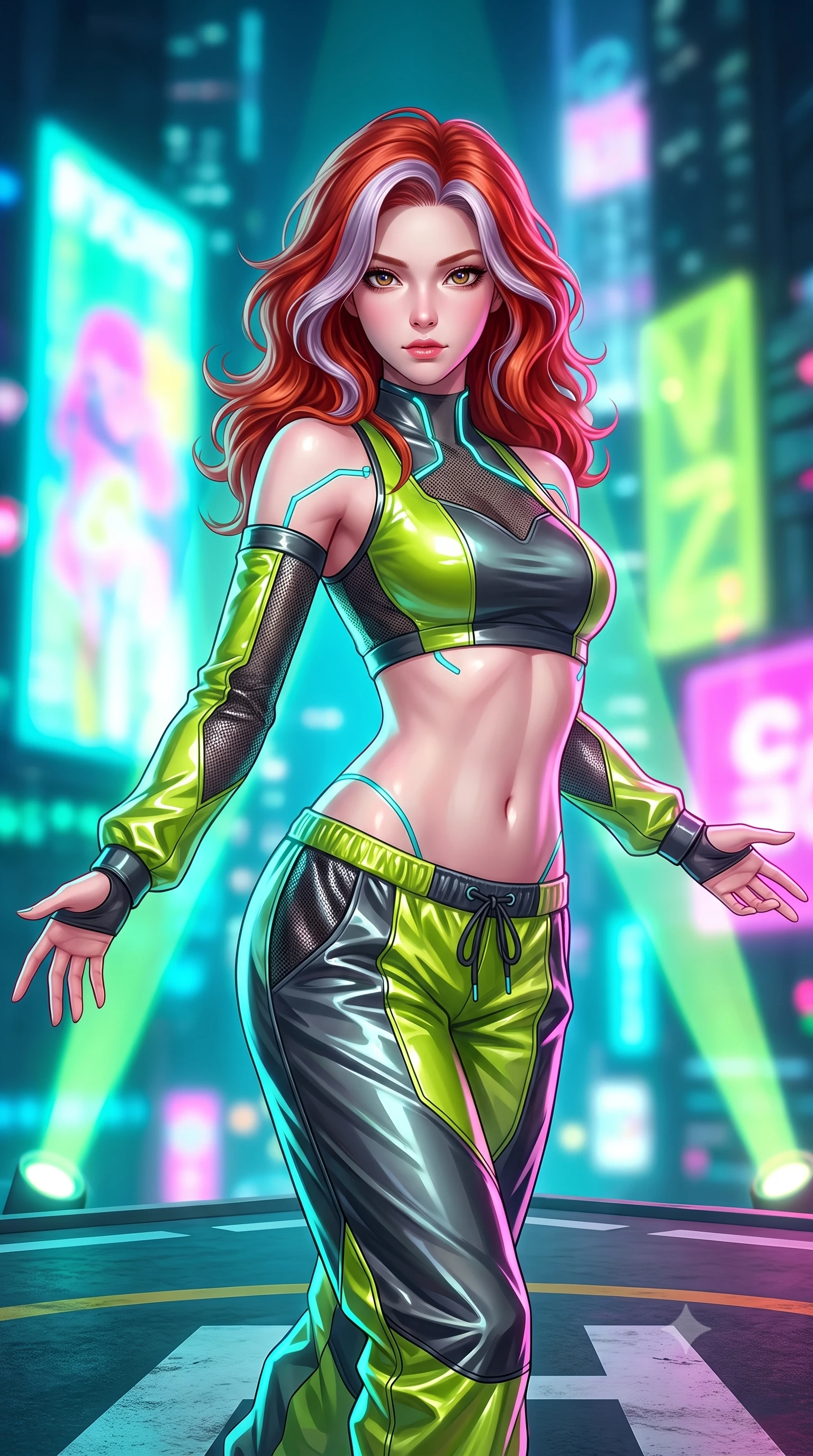 score_9, masterpiece, best quality, ultra-detailed, high-budget anime keyframe, semi-realistic 3D game render, editorial fashion photography, tasteful artistic composition, Caucasian woman. close-up cowboy shot from the waist and thighs up, the character dominates the composition, filling the frame with her large presence. radiating intense magnetic charisma with jewel-like eyes locked onto the viewer, her upper body turning in a dynamic, fluid S-curve while standing poised on the edge of a rooftop helipad platform with arms outstretched, welcoming the pulsing techno basslines. The composition keeps background elements in soft focus with creamy bokeh. giant holographic neon advertisements and sweeping laser light cones blurred into electric turquoise, lime, and fuchsia bokeh. She has an exceptionally elegant, slender, and willowy female figure with an ultra-slim waist, a gracefully sculpted slender torso, toned flat midriff, and a refined slim silhouette. sharp v-shaped jawline, high-bridge nose, intricate jewel-like eyes with depth, thick eyelashes, glossy lips with a natural sheen, captivating and magnetic expression, flawlessly proportioned anatomical accuracy, strict slender model proportions, natural body alignment, perfectly sculpted long slender limbs, ultra-slim waistline, clean dynamic posture without body distortion. wearing a sporty asymmetrical sleeve-warmer crop top with low-slung metallic parachute track pants in acid lime green and dark carbon grey, crafted from high-gloss metallic ripstop nylon and flexible carbon mesh, finished with glowing cyan status conduits tracing her collarbones, the form-contouring material adhering flawlessly to her sculpted flat midriff and slender torso, emphasizing her long leg lines and perfectly proportioned willowy build. bathed in flashing RGB strobe lights and glowing holographic billboard backlighting. highly saturated vibrant anime colors, detailed shading with soft gradients, rich glossy textures, high-contrast stereoscopic depth, volumetric dynamic lighting, master piece, 9:16 ratio