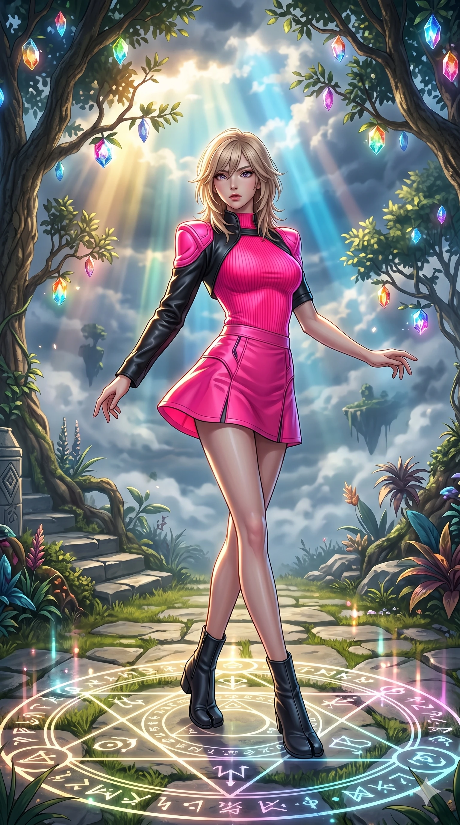 score_9, masterpiece, best quality, ultra-detailed, high-budget anime keyframe, editorial fashion photography, tasteful artistic composition, Japanese woman. low angle full-body shot from head to toe showing her feet, filling the entire 9:16 vertical frame with her statuesque presence, stretching her vertical silhouette. spinning in the center of in a sky garden where trees bear glowing crystalline fruit as glowing runes and symbols fade in and out on the ground. She has an absolutely perfect 8-heads proportion, an exceptionally tall and slender female figure with impossibly long slender legs and an ultra-slim waist. V-shaped jawline, high-bridge nose, intricate jewel-like eyes with depth, thick eyelashes, glossy lips with a natural sheen.. wearing a vivid neon-pink ribbed athletic top with bold structural shoulders and a cropped single-sleeve black leather shrug. bathed in dramatic god rays filtering through clouds with high specular highlights along her silhouette. 2k, ultra detail, master piece, 9:16 ratio