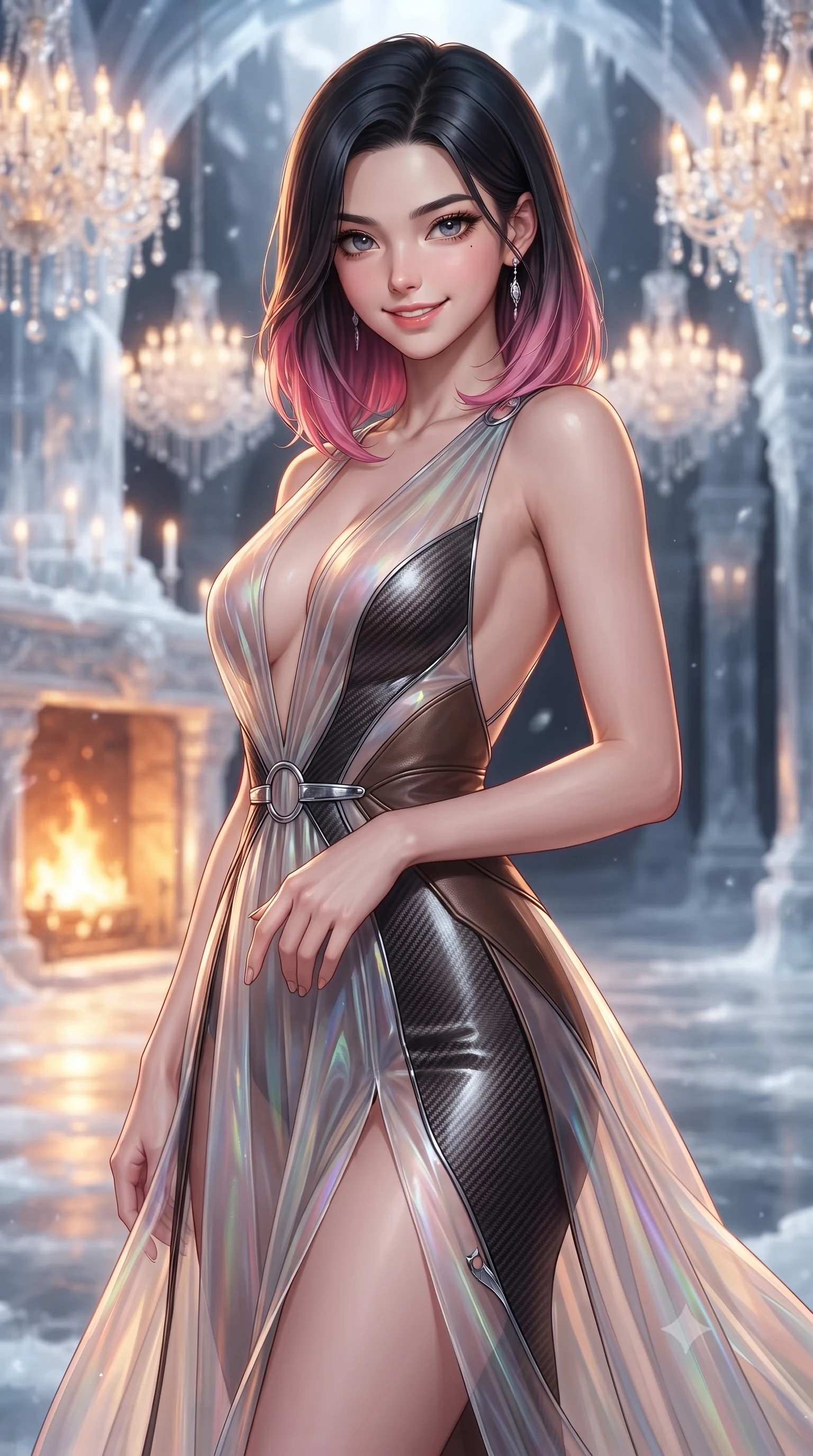 score_9, masterpiece, best quality, ultra-detailed, high-budget anime keyframe, editorial fashion photography, tasteful artistic composition, Korean woman. close-up cowboy shot from the waist and thighs up, the character dominates the composition, filling the frame with her large presence, background elements kept in soft focus. Smiling with quiet, magnetic self-assurance directly into the lens standing in an open-air ice palace ballroom lined with glowing crystal chandeliers, warm golden firelight clashing dramatically with cool silver moonbeams. She has an exceptionally elegant, slender, and willowy female figure with an ultra-slim waist, a gracefully sculpted slender torso, and a refined silhouette. sharp v-shaped jawline, high-bridge nose, intricate jewel-like eyes with depth, thick eyelashes, glossy lips with a natural sheen. wearing a translucent iridescent chiffon gown with a plunging neckline and open back in espresso brown and warm cream, made of fine carbon-fiber weave and soft matte leather, accented with delicate chrome ring hardware framing her waist, the sleek second-skin texture accentuating her magnetic presence. illuminated by warm golden hearth fire contrasting against icy silver highlights. highly saturated vibrant anime colors, detailed shading with soft gradients, rich glossy textures, high-contrast stereoscopic depth, volumetric dynamic lighting, master piece, 9:16 ratio