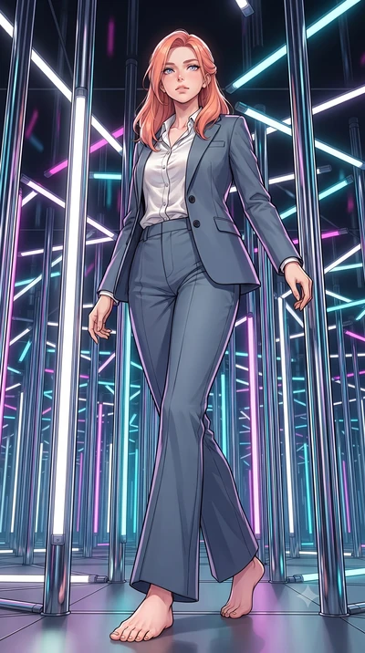 score_9, masterpiece, best quality, ultra-detailed, high-budget anime keyframe, gorgeous anime illustration, with clean line-art and distinct ink outlines, Japanese woman. low angle full-body shot from head to toe showing her feet, filling the entire