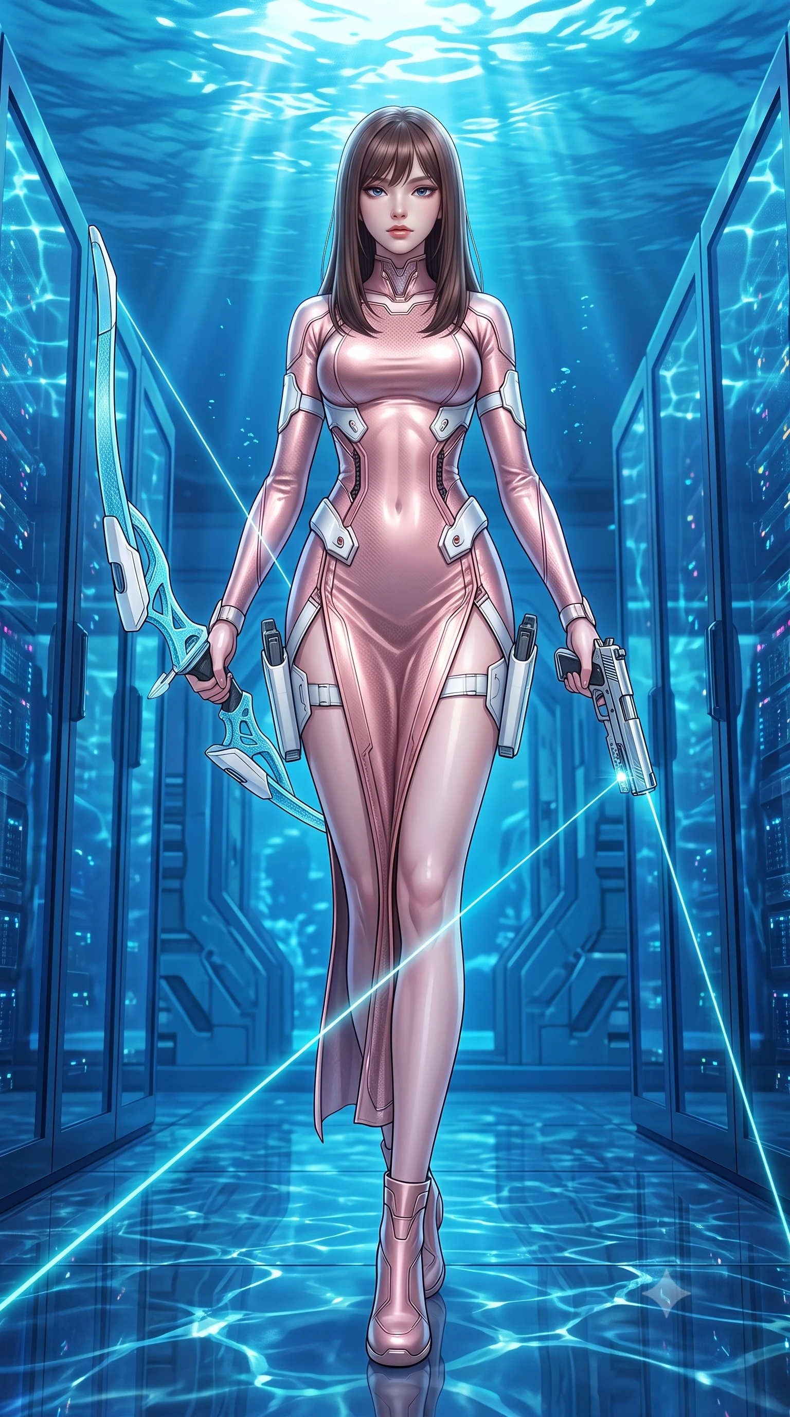 score_9, masterpiece, best quality, ultra-detailed, high-budget anime keyframe, semi-realistic 3D game render, editorial fashion photography, tasteful artistic composition, Korean woman. low angle full-body shot from head to toe showing her feet, filling the entire 9:16 vertical frame with her statuesque presence, stretching her vertical silhouette. striding forward with commanding supermodel grace, weapon held at the ready, her 8.5-heads statuesque silhouette dominating the vertical frame from head to toe while arching her back in a fluid roll as dual laser aiming beams cut through the blue aquatic ambient gloom. The surrounding environment is rendered in vivid detail and crisp panoramic clarity. sharp chrome pistol slide details, laser targeting beam emitter points, and server glass reflections in deep focus. She has an absolutely perfect, statuesque 8.5-heads proportion, an exceptionally tall and slender model-like female figure with impossibly long slender legs, a toned flat midriff, and an ultra-slim waist. sharp v-shaped jawline, high-bridge nose, intricate jewel-like eyes with depth, thick eyelashes, glossy lips with a natural sheen, flawlessly proportioned anatomical accuracy, strict slender model proportions, natural body alignment, perfectly sculpted long slender limbs, ultra-slim waistline, clean dynamic posture without body distortion. wearing a form-fitting luminous rose-gold carbon combat gown with tactical side slits, wielding a floating magnetic energy bow with celestial poise in glacial ice-cyan carbon mesh with pure white armor plates, made of lightweight aerodynamic carbon-titanium alloy with polished edge bevels, detailed with magnetic weapon holsters and polished chrome connection clasps, the glove-like aerodynamic second-skin fit tightly clinging to her ultra-slender waist and athletic curves without adding bulk, accentuating her razor-sharp statuesque lines and slim hourglass silhouette. bathed in luminous sapphire and cyan aquatic backlighting with glittering water surface caustics. rich saturated anime colors with glowing neon highlights, detailed shading with soft gradients, rich glossy textures, high-contrast stereoscopic depth, volumetric dynamic lighting, master piece, 9:16 ratio