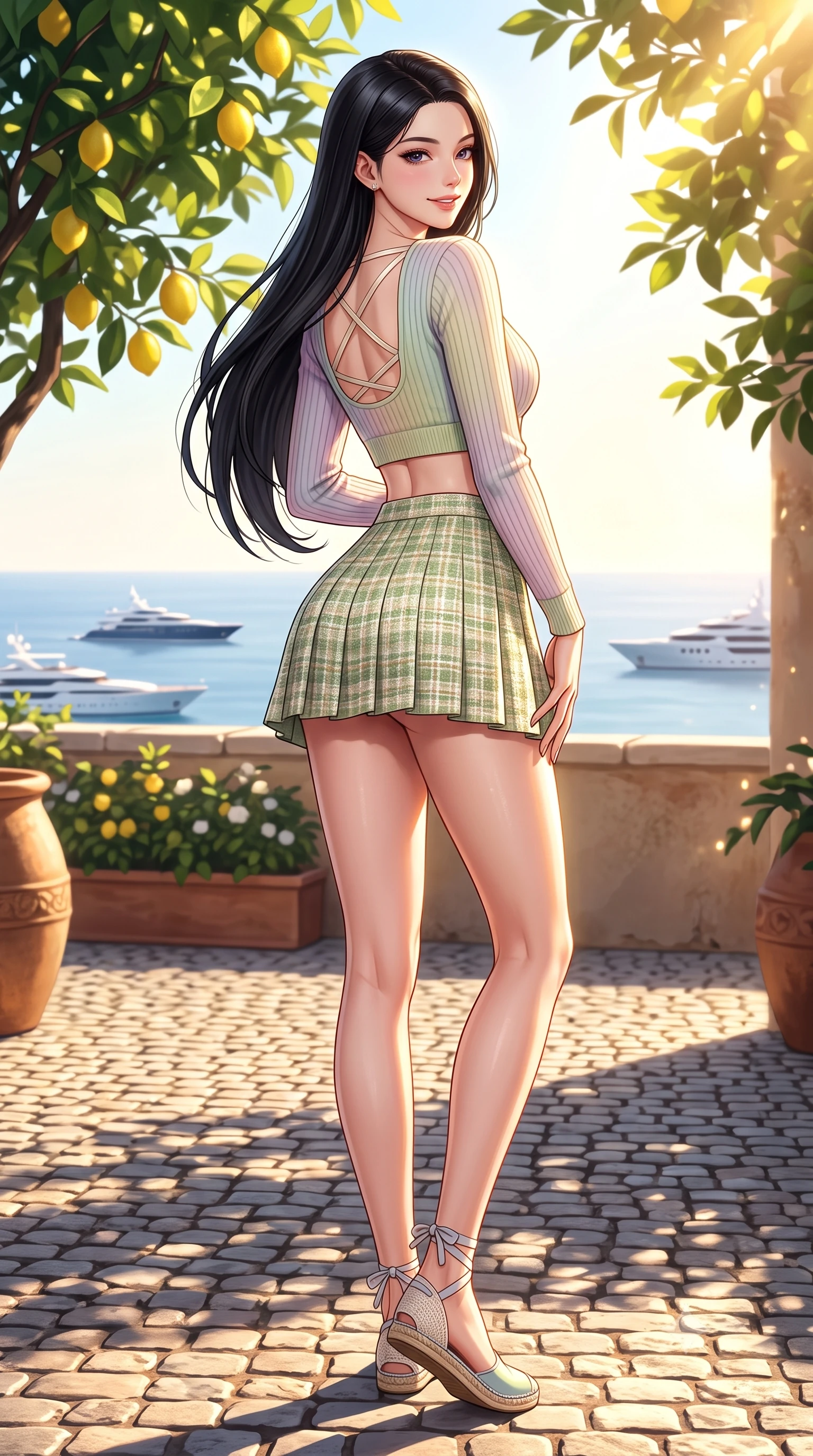 score_9, masterpiece, best quality, ultra-detailed, high-budget anime keyframe, semi-realistic 3D game render, editorial fashion photography, tasteful artistic composition, Korean woman. low angle full-body shot from head to toe showing her feet, filling the entire 9:16 vertical frame with her statuesque presence, stretching her vertical silhouette. posing with back turned slightly to the lens, glancing back with an enchanting, playful smile as she arches her lower back to emphasize her sculpted feminine hips and slender waist while standing poised on the sun-dappled cobblestone terrace, twisting her slender torso in an alluring contrapposto stance in the warm sea breeze. The surrounding environment is rendered in vivid detail and crisp panoramic clarity. detailed linen sundress weave, sun-dappled skin highlights, and distant yacht clarity in high resolution. She has an exceptionally tall and slender model-like 8.5-heads proportion, an ultra-slim waist, a flat toned midriff, narrow delicate ribcage, and beautifully sculpted feminine hips creating a graceful, slim hourglass silhouette without any bulky heaviness, with impossibly long slender legs. sharp v-shaped jawline, high-bridge nose, intricate jewel-like sparkling eyes with depth, thick eyelashes, glossy parted lips with a natural peach sheen, bright cheerful beaming smile with an enchanting and coquettish sensual glint, exuding both youthful cute charm and seductive allure, flawlessly proportioned anatomical accuracy, strict slender model proportions, natural body alignment, perfectly sculpted long slender limbs, ultra-slim waistline, clean dynamic posture without body distortion. wearing a cropped pastel ribbed knit cardigan paired with an ultra-short high-waisted pleated tennis skirt clinging tightly to her curvy hips in matcha green and warm ivory, tailored from soft pastel tweed with subtle metallic shimmer, finished with criss-cross back satin straps highlighting her graceful shoulder blades, the form-fitting cut adhering flawlessly to her sculpted flat midriff and slender torso, emphasizing her long leg lines and perfectly proportioned willowy build. bathed in brilliant Mediterranean golden hour sunlight dappled through lush lemon tree leaves. highly saturated vibrant anime colors, detailed shading with soft gradients, rich glossy textures, high-contrast stereoscopic depth, volumetric dynamic lighting, master piece, 9:16 ratio