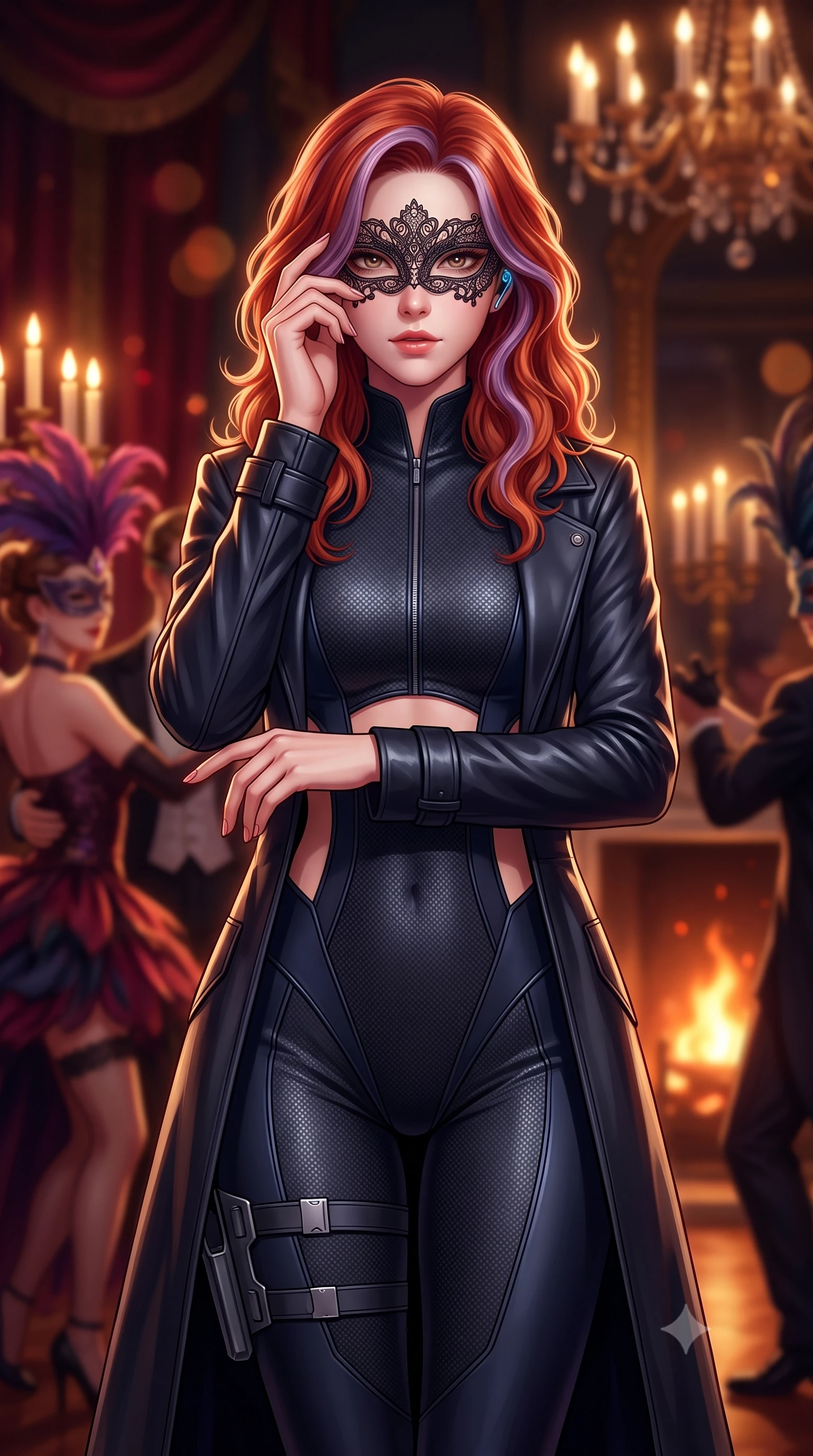 score_9, masterpiece, best quality, ultra-detailed, high-budget anime keyframe, semi-realistic 3D game render, editorial fashion photography, tasteful artistic composition, Caucasian woman. close-up cowboy shot from the waist and thighs up, the character dominates the composition, filling the frame with her large presence. holding her hands loosely in front with regal, aristocratic poise, radiating an overwhelming high-society aura while attending a lavish masquerade ball in an opulent baroque mansion, holding an intricate filigree lace mask to her captivating eyes. The composition keeps background elements in soft focus with creamy bokeh. dancing masquerade guests in feathered costumes and candelabra flames blurred into rich ruby, gold, and dark amber bokeh. She has an exceptionally elegant, slender, and willowy female figure with an ultra-slim waist, a gracefully sculpted slender torso, toned flat midriff, and a refined slim silhouette. sharp v-shaped jawline, high-bridge nose, intricate jewel-like eyes with depth, thick eyelashes, glossy lips with a natural sheen, captivating and magnetic expression, flawlessly proportioned anatomical accuracy, strict slender model proportions, natural body alignment, perfectly sculpted long slender limbs, ultra-slim waistline, clean dynamic posture without body distortion. wearing a sleek second-skin dark carbon-weave infiltration catsuit paired with a tailored long leather trench coat in stealth obsidian black and midnight navy, crafted from flexible ballistic matte leather and ultra-sleek stretch neoprene, equipped with a minimalist titanium leg holster and smart holographic earpiece edition #32, the precision-cut daring openings accentuating her delicate midriff, graceful bare collarbones, and ultra-slim feminine waistline. bathed in romantic warm candelabra glow and dramatic fireplace ember uplights. highly saturated vibrant anime colors, detailed shading with soft gradients, rich glossy textures, high-contrast stereoscopic depth, volumetric dynamic lighting, master piece, 9:16 ratio