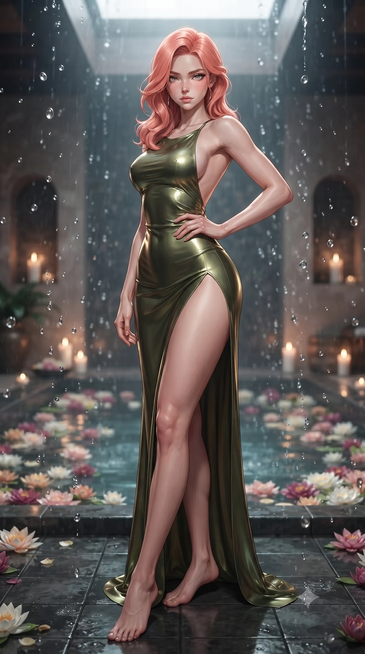 score_9, masterpiece, best quality, ultra-detailed, high-budget anime keyframe, editorial fashion photography, tasteful artistic composition, Japanese woman woman. low angle full-body shot from head to toe showing her feet, filling the entire 9:16 vertical frame with her statuesque presence, stretching her vertical silhouette. posing confidently with one hand on her hip, stretching her statuesque body to emphasize her curves the background shows a soft-focus a private indoor spa pool with dark tiled floors and floating flower blossoms. She has an absolutely perfect, statuesque 8.5-heads proportion, an exceptionally tall and slender model-like female figure with impossibly long slender legs and an ultra-slim waist. sharp v-shaped jawline, high-bridge nose, intricate jewel-like eyes with depth, thick eyelashes, glossy lips with a natural sheen. wearing a body-hugging dramatic open-back maxi dress in olive green, featuring a high thigh slit. soft flickering candle glow refracting through the moving water droplets. ultra-reflective glossy finish, specular highlights, metallic sheen, high-contrast stereoscopic depth, volumetric dynamic lighting, 2k, ultra detail, master piece, 9:16 ratio