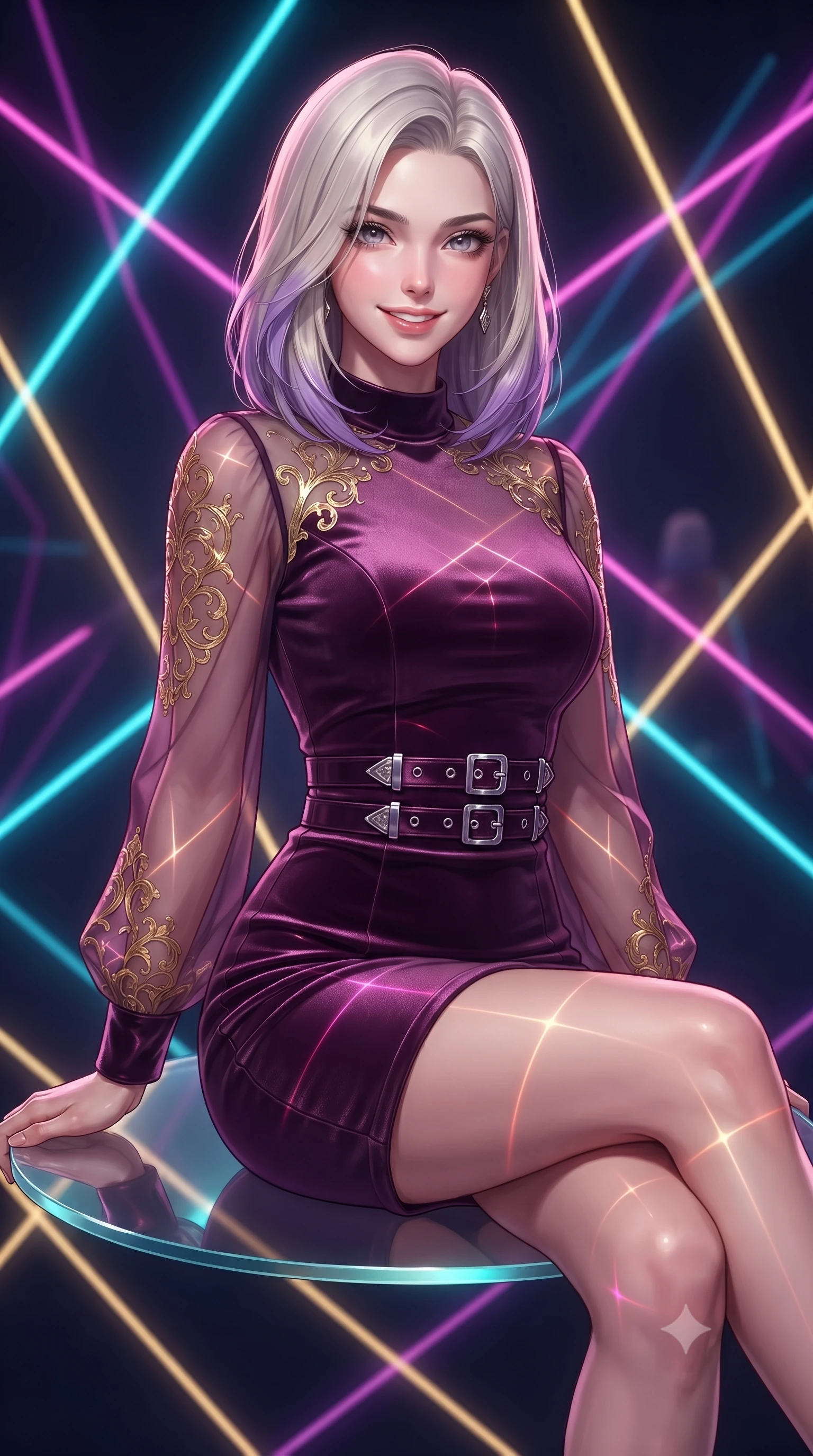 score_9, masterpiece, best quality, ultra-detailed, high-budget anime keyframe, editorial fashion photography, tasteful artistic composition, Caucasian woman. close-up cowboy shot from the waist and thighs up, the character dominates the composition, filling the frame with her large presence, background elements kept in soft focus. Smiling with quiet, magnetic self-assurance directly into the lens poised on a floating glass disk suspended inside a geometric light matrix, fluorescent cyan, magenta, and gold light threads crossing in 3D space. She has an exceptionally elegant, slender, and willowy female figure with an ultra-slim waist, a gracefully sculpted slender torso, and a refined silhouette. sharp v-shaped jawline, high-bridge nose, intricate jewel-like eyes with depth, thick eyelashes, glossy lips with a natural sheen. wearing a sleek bodycon knit dress with sheer organza sleeve panels in plum purple and gold filigree, made of premium stretch velvet with a rich sheen, detailed with polished silver buckles along the waistline, the form-contouring material highlighting her ultra-slim waist and long lines. bathed in sharp geometric laser grid highlights and soft ambient fill. highly saturated vibrant anime colors, detailed shading with soft gradients, rich glossy textures, high-contrast stereoscopic depth, volumetric dynamic lighting, master piece, 9:16 ratio