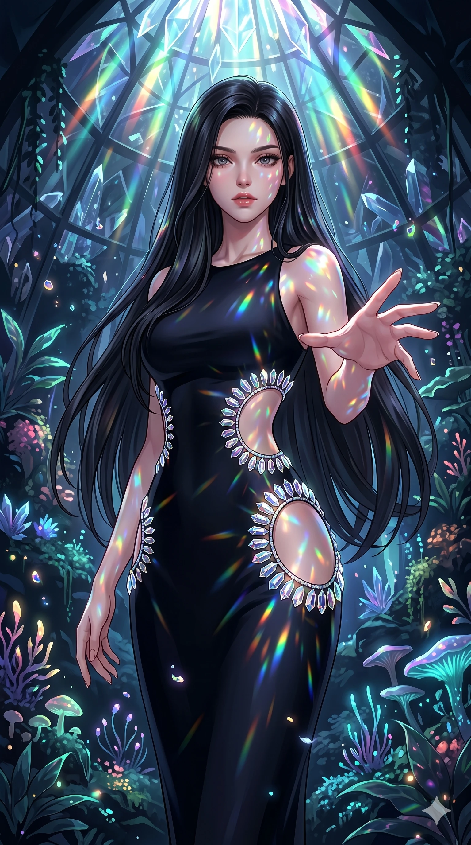 score_9, masterpiece, best quality, ultra-detailed, high-budget anime keyframe, editorial fashion photography, tasteful artistic composition, Japanese woman. cowboy shot from the thighs up, character and outfit filling the frame for maximum editorial presence. Reaching one hand toward the viewer with relaxed elegance within a prismatic rain-forest dome where bioluminescent plants pulse softly in the dark. She has an absolutely perfect 8-heads proportion, an exceptionally tall and slender female figure with impossibly long slender legs and an ultra-slim waist. V-shaped jawline, high-bridge nose, intricate jewel-like eyes with depth, thick eyelashes, glossy lips with a natural sheen. wearing a midnight black structured couture gown with elaborate crystal-edged circular cutouts at the waist and hip, creating a dazzling jeweled window effect against her skin. illuminated by cascading rainbow prismatic light refracting through crystal overhead and casting patterns on her skin. 2k, ultra detail, master piece, 9:16 ratio