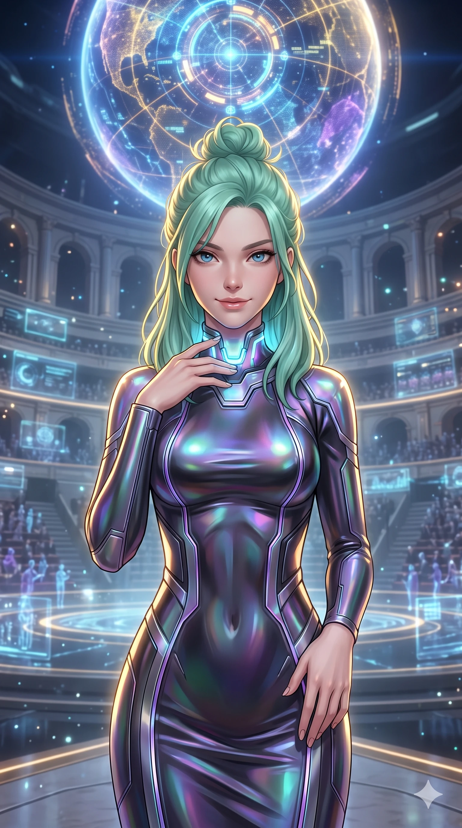 score_9, masterpiece, best quality, ultra-detailed, high-budget anime keyframe, semi-realistic 3D game render, editorial fashion photography, tasteful artistic composition, Japanese woman. close-up cowboy shot from the waist and thighs up, the character dominates the composition, filling the frame with her large presence. tilting her head with a teasing half-smile, running one finger slowly along her glowing comm-link collar in a flirtatious gesture while standing in the center of the semicircular amphitheater beneath a colossal floating planetary matrix, arching her spine with sovereign authority as hundreds of holographic diplomatic delegations surround her. The surrounding environment is rendered in vivid detail and crisp panoramic clarity: detailed diplomatic catsuit tailoring, polished carbon-weave paneling, and monumental neoclassical sci-fi architecture in razor-sharp precision. She has an exceptionally elegant, slender, and willowy female figure with an ultra-slim waist, flat toned midriff, narrow ribcage, and sculpted feminine hips creating an alluring, slim hourglass silhouette without bulk. sharp v-shaped jawline, high-bridge nose, intricate jewel-like sparkling eyes with depth, thick eyelashes, glossy parted lips with a natural sheen, bright confident smile with an enchanting and coquettish sensual glint, exuding both youthful magnetic charm and sovereign high-tech allure, flawlessly proportioned anatomical accuracy, strict slender model proportions, natural body alignment, perfectly sculpted long slender limbs, ultra-slim waistline, clean dynamic posture without body distortion. wearing a glove-like stretch lambskin cyber-sheath dress accentuating her ultra-slim waistline without bulk in iridescent dark chrome and holographic violet, formed from supple thermal silicone composite adhering seamlessly like a second skin, complemented by strappy stiletto combat boots with metallic ankle wraps accentuating her slender calves, the liquid-tight tailored fabric clinging flawlessly to her narrow waist and rounded feminine hips, emphasizing every millimeter of her sculpted slim hourglass curves without any bulky heaviness. illuminated by polished black stone dais bounce and sharp gold-cyan rim lights sculpting her razor-sharp jawline, narrow waist, and curvy hips. highly saturated vibrant anime colors, detailed shading with soft gradients, rich glossy textures, high-contrast stereoscopic depth, volumetric dynamic lighting, master piece, 9:16 ratio
