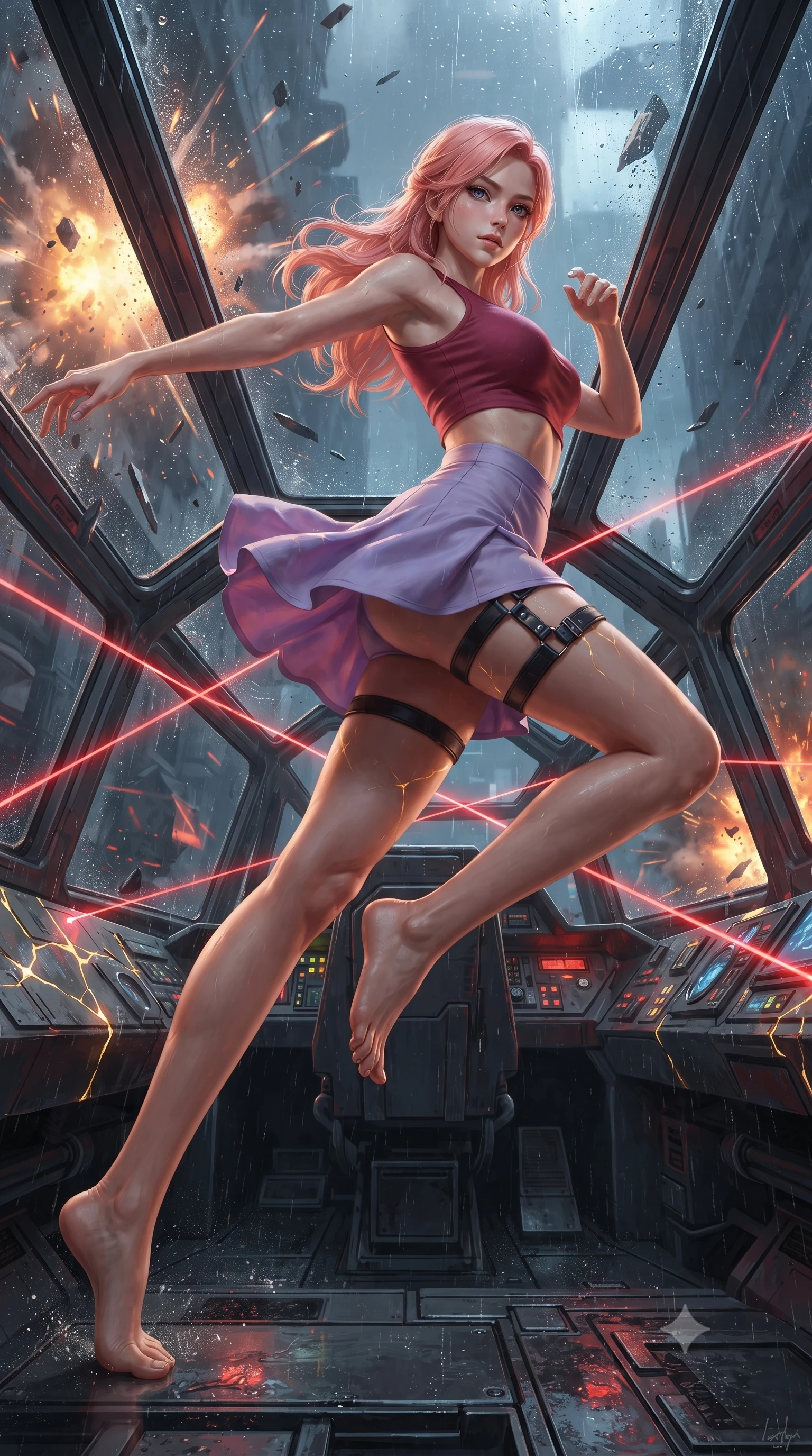 score_9, masterpiece, best quality, ultra-detailed, high-budget anime keyframe, editorial fashion photography, tasteful artistic composition, realistic cosplay photography, Japanese woman. low angle full-body shot from head to toe showing her feet, filling the entire 9:16 vertical frame with her statuesque presence, stretching her vertical silhouette. dashing through rain-slicked cyberpunk alleyways, dodging laser tripwires with fluid agility through inside the cockpit of a starfighter in the middle of a dogfight, the glass canopy reflecting explosions and debris passing by. She has a statuesque 8.5-heads proportion, an exceptionally tall, slender and willowy model-like build with impossibly long legs and a highly sculpted ultra-slim waist. sharp v-shaped jawline, high-bridge nose, intricate jewel-like eyes with depth, thick eyelashes, glossy lips with a natural sheen. wearing the lightweight fabric rippling and billowing dramatically with her movement, a body-hugging matte crimson crop top paired with matching high-waist lavender mini skirt and black leather thigh straps. glowing kintsugi gold light radiating from cracks in the environment creating a majestic inner glow. ultra-reflective glossy finish, specular highlights, metallic sheen, high-contrast stereoscopic depth, volumetric dynamic lighting, 2k, ultra detail, master piece, 9:16 ratio