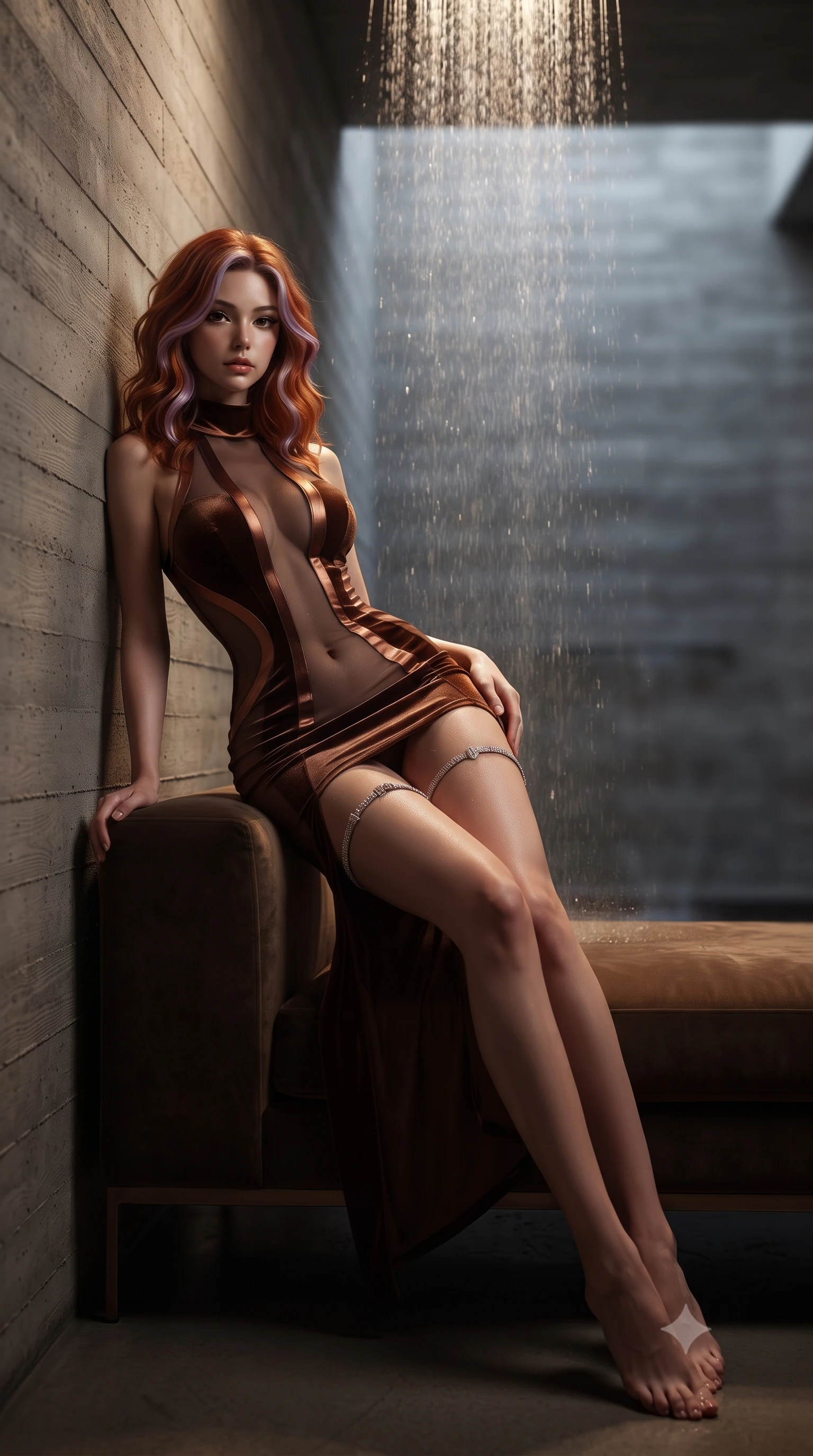 score_9, masterpiece, best quality, ultra-detailed, high-budget anime keyframe, editorial fashion photography, tasteful artistic composition, Caucasian woman. low angle full-body shot from head to toe showing her feet, filling the entire 9:16 vertical frame with her statuesque presence, stretching her vertical silhouette. lounging on the lavish daybed with legs crossed and hips angled toward the camera, displaying her toned midriff and long slender limbs with effortless siren poise while leaning against the board-formed concrete sheer wall with hips cocked back, looking through falling water spray with an irresistible bedroom-smile. The background shows a soft-focus water spray mist softened in avant-garde brutalist shallow focus. She has an absolutely perfect, statuesque 8.5-heads proportion, an exceptionally tall and slender model-like female figure with impossibly long slender legs, an ultra-slim waist, a flat toned midriff, narrow delicate ribcage, and beautifully sculpted feminine hips creating a graceful, slim hourglass silhouette without any bulky heaviness. sharp v-shaped jawline, high-bridge nose, sparkling eyes with hypnotic seductive depth, thick curled eyelashes, glossy parted lips with a natural dewy peach sheen, alluring bedroom-eyes with an enchanting coquettish smile, exuding magnetic siren charisma and sophisticated glamour, flawlessly proportioned anatomical accuracy, strict slender model proportions, natural body alignment, perfectly sculpted long slender limbs, ultra-slim waistline, clean dynamic posture without body distortion. wearing a provocative high-neck sheer illusion cocktail dress with liquid satin ribbons contouring her curves in sultry espresso bronze and metallic copper, tailored from ultra-plush velvet with rich tactile depth and deep shadow gradients, finished with delicate crystal-encrusted thigh garter straps glinting in the dim light, the form-contouring silhouette accentuating her sculpted flat midriff, narrow delicate ribcage, and gracefully curvy hips with intoxicating allure. bathed in dramatic narrow-beam 4000K architectural spotlights cutting through falling water sheets. ultra-reflective glossy finish, specular highlights, rich textural contrasts, high-contrast stereoscopic depth, volumetric dynamic lighting, 2k, ultra detail, master piece, 9:16 ratio