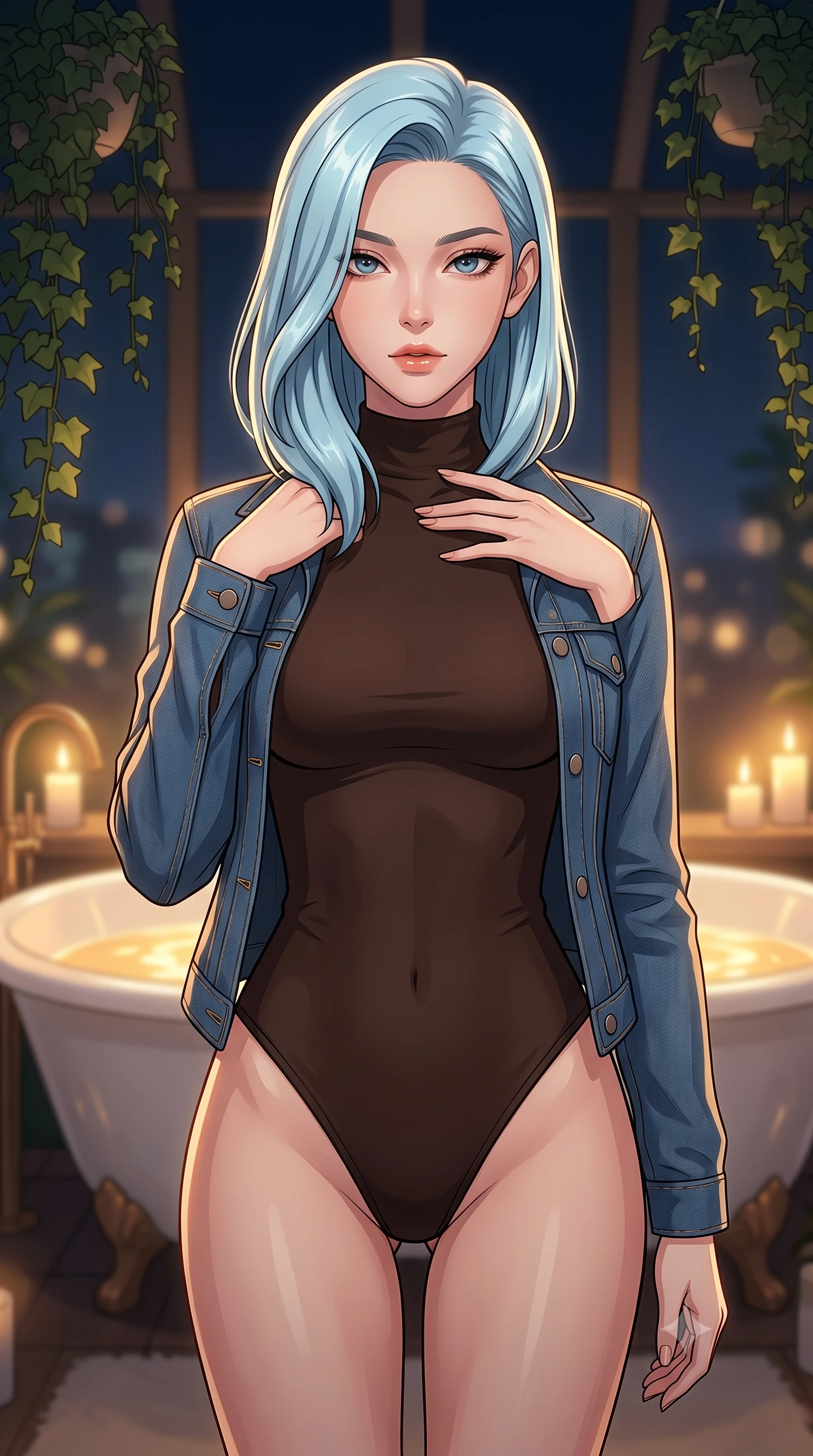 score_9, masterpiece, best quality, ultra-detailed, high-budget anime keyframe, tasteful artistic composition, Korean woman. close-up cowboy shot from the waist and thighs up, the character dominates the composition, filling the frame with her large presence, background elements kept in soft focus. standing with one hand resting on her collarbone, looking at the viewer with bedroom-eyes the background shows a soft-focus a luxurious penthouse greenhouse with hanging ivy and a freestanding white bathtub. She has an exceptionally elegant, slender, and willowy female figure with an ultra-slim waist, a gracefully sculpted slender torso, and a refined silhouette. sharp v-shaped jawline, high-bridge nose, intricate jewel-like eyes with depth, thick eyelashes, glossy lips with a natural sheen. wearing a slim-fit form-contouring high-neck bodysuit in dark brown, worn under a tailored open denim jacket. soft candlelight casting a warm golden glow onto the water surface. highly saturated vibrant anime colors, cel-shading, 2d style, master piece, 9:16 ratio