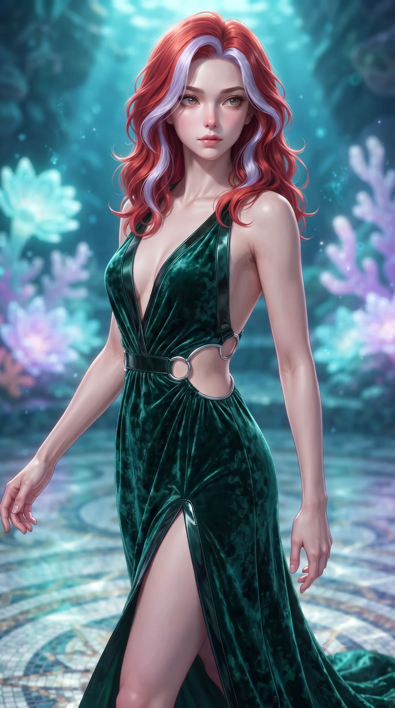 score_9, masterpiece, best quality, ultra-detailed, high-budget anime keyframe, editorial fashion photography, tasteful artistic composition, Caucasian woman. close-up cowboy shot from the waist and thighs up, the character dominates the composition, filling the frame with her large presence, background elements kept in soft focus. Gazing past the camera with an air of effortless elegance and mysterious confidence gliding over a mosaic marble floor illuminated by caustic water ripples, glowing coral blossoms emitting soft aqua and lavender light. She has an exceptionally elegant, slender, and willowy female figure with an ultra-slim waist, a gracefully sculpted slender torso, and a refined silhouette. sharp v-shaped jawline, high-bridge nose, intricate jewel-like eyes with depth, thick eyelashes, glossy lips with a natural sheen. wearing a backless crushed velvet gown with a deep V-neckline and high thigh slit in deep emerald green and silver accent, tailored from high-gloss patent leather, accented with delicate chrome ring hardware framing her waist, the glove-like fit emphasizing her statuesque silhouette. surrounded by a shimmering ocean aura with bright pearl-white rim lights. highly saturated vibrant anime colors, detailed shading with soft gradients, rich glossy textures, high-contrast stereoscopic depth, volumetric dynamic lighting, master piece, 9:16 ratio