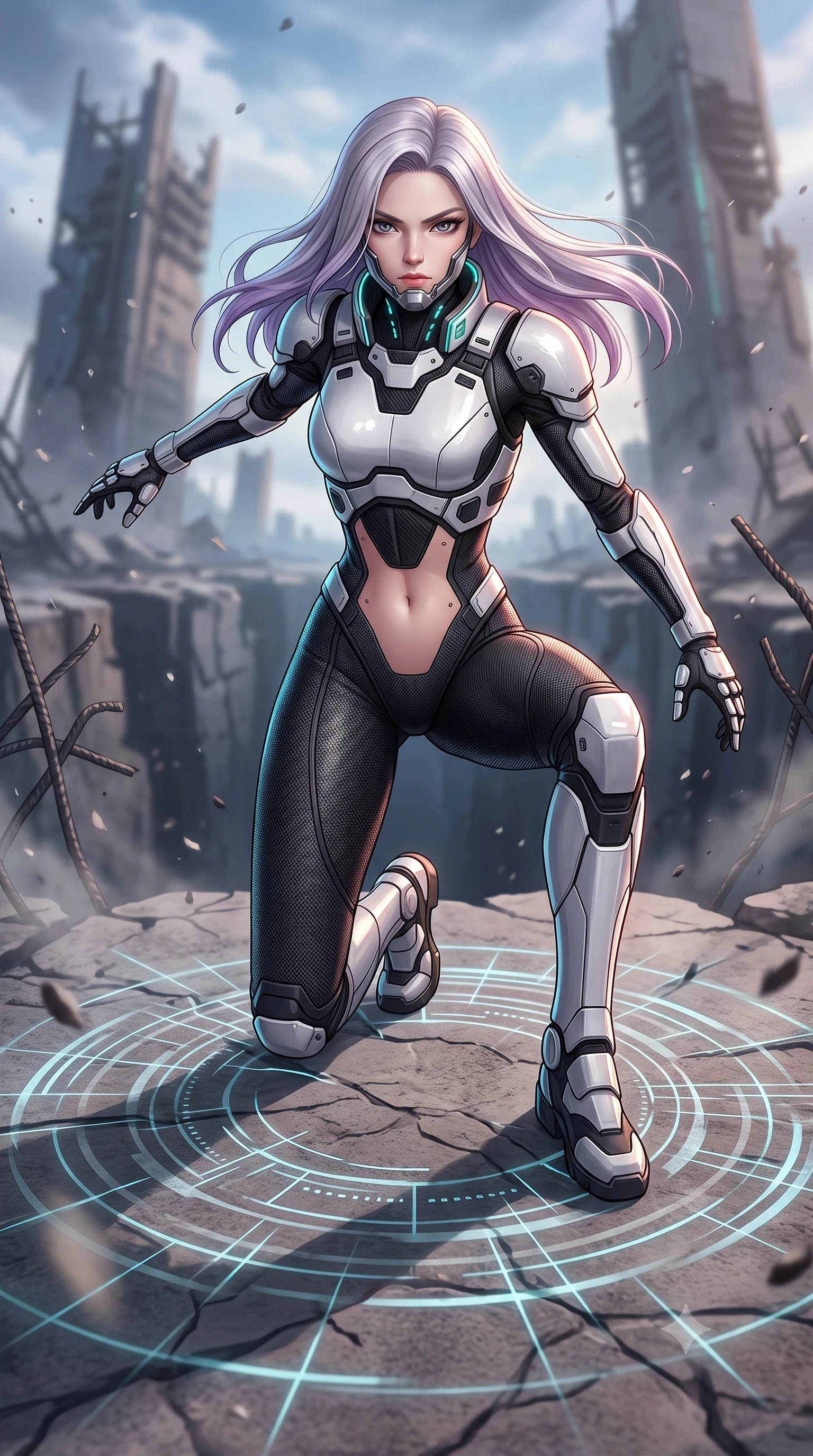 score_9, masterpiece, best quality, ultra-detailed, high-budget anime keyframe, semi-realistic 3D game render, editorial fashion photography, tasteful artistic composition, Caucasian woman. low angle full-body shot from head to toe showing her feet, filling the entire 9:16 vertical frame with her statuesque presence, stretching her vertical silhouette. landing gracefully from a high-altitude leap on one knee and palm, her statuesque silhouette framed by radial shockwave ripples in the ground while leaping across a gaping structural chasm between ruined towers with flawless, fearless kinetic martial grace. The composition keeps background elements in soft focus with creamy bokeh. twisted structural rebar and falling ash flakes softened in moody atmospheric depth of field. She has an absolutely perfect, statuesque 8.5-heads proportion, an exceptionally tall and slender model-like female figure with impossibly long slender legs, a toned flat midriff, and an ultra-slim waist. sharp v-shaped jawline, high-bridge nose, intricate jewel-like eyes with depth, thick eyelashes, glossy lips with a natural sheen, fierce and resolute heroine expression, flawlessly proportioned anatomical accuracy, strict slender model proportions, natural body alignment, perfectly sculpted long slender limbs, ultra-slim waistline, clean dynamic posture without body distortion. wearing a sleek titanium half-face combat rebreather guard protecting her lower jaw while leaving her expressive eyes and long hair flowing freely, paired with a heavy modular carbon-fiber combat cuirass paired with a second-skin tactical leotard and reinforced titanium shoulder pauldrons in monochrome white enamel carbon with high-contrast black tactical panels, tailored from flexible second-skin ballistic carbon-mesh adhering flawlessly to her athletic build, featuring a sleek aerodynamic collar framed by subtle glowing cybernetic status LEDs, the form-contouring material adhering flawlessly to her sculpted flat midriff and slender torso, emphasizing her long leg lines and perfectly proportioned willowy build. surrounded by a majestic, solemn, and fiercely determined lone dystopian savior aura. rich saturated anime colors with glowing neon highlights, detailed shading with soft gradients, rich glossy textures, high-contrast stereoscopic depth, volumetric dynamic lighting, master piece, 9:16 ratio