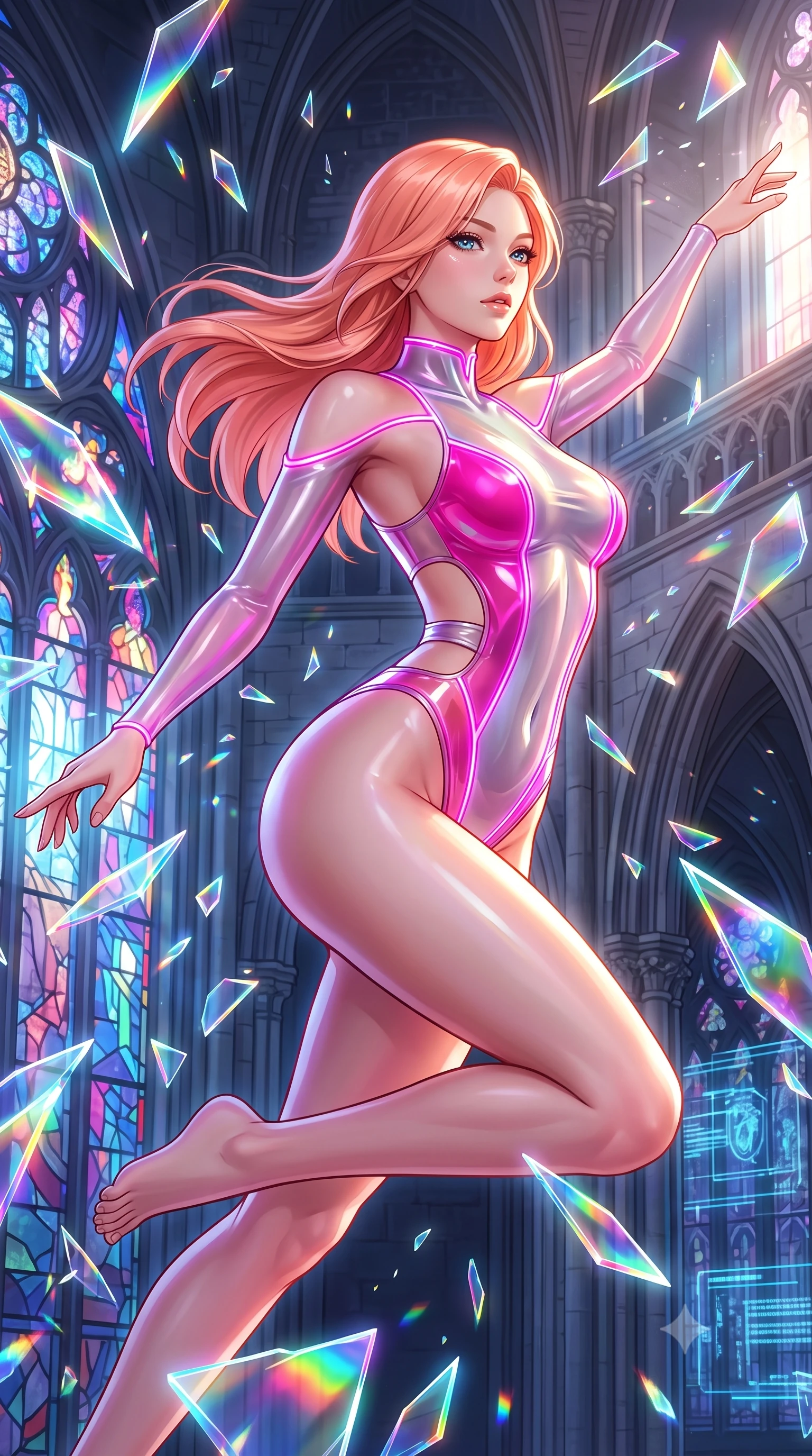 score_9, masterpiece, best quality, ultra-detailed, high-budget anime keyframe, semi-realistic 3D game render, editorial fashion photography, tasteful artistic composition, Japanese woman. close-up cowboy shot from the waist and thighs up, the character dominates the composition, filling the frame with her large presence. extending one arm gracefully toward the light while her torso arches in a sleek, alluring curve with magnetic intensity while leaping through shattered stained glass of a neon-lit futuristic cathedral amidst a rain of glowing shards. The surrounding environment is rendered in vivid detail and crisp panoramic clarity. intricate gothic stone archways, razor-sharp glowing glass shard facets, and digital holograms in deep focus. She has an exceptionally elegant, slender, and willowy female figure with an ultra-slim waist, a gracefully sculpted slender torso, and a refined silhouette. sharp v-shaped jawline, high-bridge nose, intricate jewel-like eyes with depth, thick eyelashes, glossy lips with a natural sheen, flawlessly proportioned anatomical accuracy, natural body alignment, perfectly sculpted elegant limbs, clean dynamic posture without body distortion. wearing a high-cut translucent vinyl leotard with front paneling, exposed side-rib cutouts, and an open back in chromatic platinum and blazing neon magenta, crafted from ultra-reflective second-skin latex with a glass-like polish, accented with glowing fiber-optic seams tracing her collarbones and hip curves, the form-contouring second-skin material highlighting her ultra-slim waist and long lines. illuminated by sparkling rainbow prismatic refractions from glass shards and sharp side key lights. highly saturated vibrant anime colors, detailed shading with soft gradients, rich glossy textures, high-contrast stereoscopic depth, volumetric dynamic lighting, master piece, 9:16 ratio