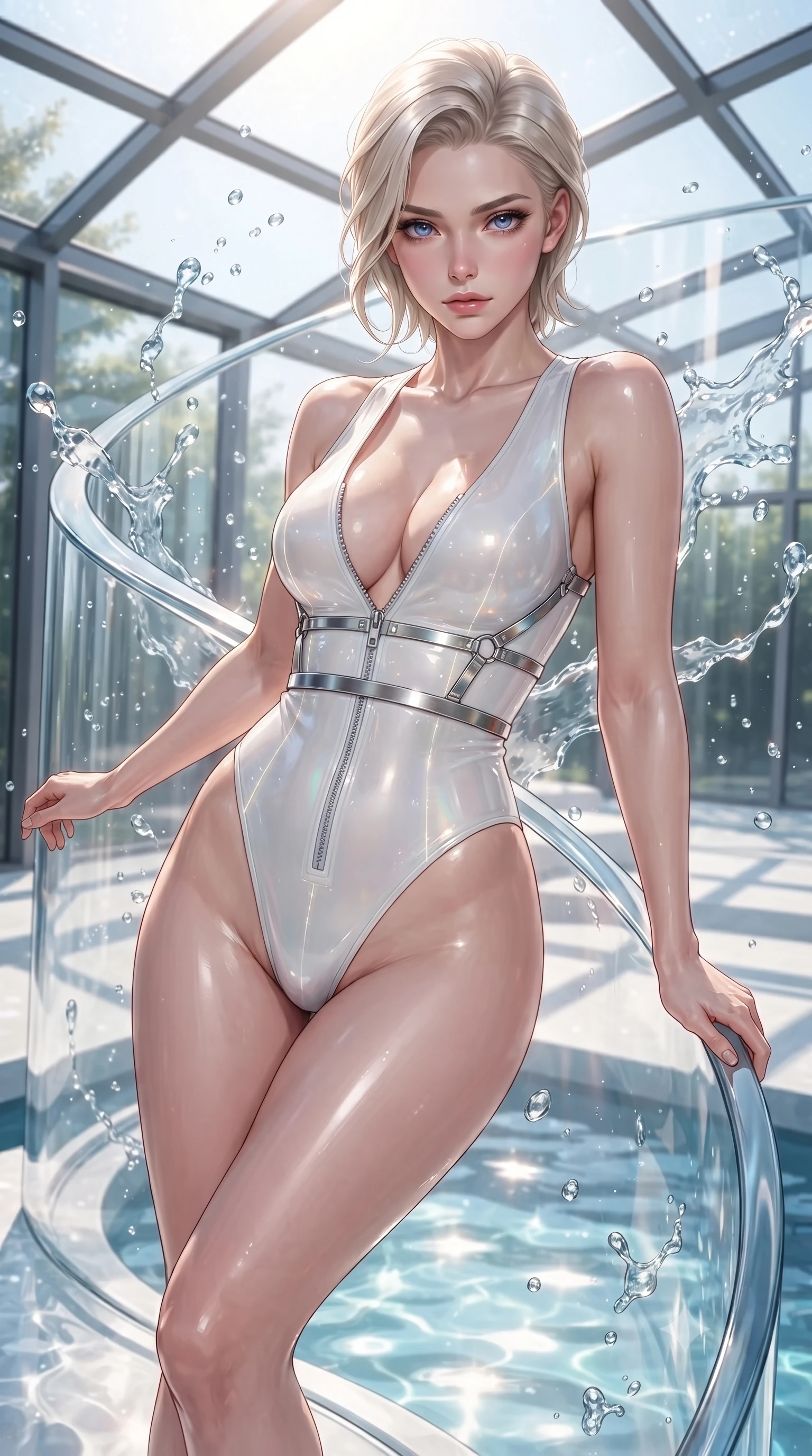 score_9, masterpiece, best quality, ultra-detailed, high-budget anime keyframe, editorial fashion photography, tasteful artistic composition, Caucasian woman. close-up cowboy shot from the waist and thighs up, the character dominates the composition, filling the frame with her large presence. gazing directly into the lens with bedroom eyes and a breathtaking, dangerous allure that commands the entire composition while leaning seductively against a curved crystal balustrade with sunlight reflecting off her glossy skin. The surrounding environment is rendered in vivid detail and crisp panoramic clarity. sharp water droplet splashes, architectural framing lines, and sunlit water reflections in high clarity. She has an exceptionally elegant, slender, and willowy female figure with an ultra-slim waist, a gracefully sculpted slender torso, toned flat midriff, and a refined slim silhouette. sharp v-shaped jawline, high-bridge nose, intricate jewel-like eyes with depth, thick eyelashes, glossy lips with a natural sheen, flawlessly proportioned anatomical accuracy, strict slender model proportions, natural body alignment, perfectly sculpted long slender limbs, ultra-slim waistline, clean dynamic posture without body distortion. wearing a glossy white second-skin latex bodysuit with high-thigh cuts, exposed clavicle neckline, and gleaming zipper details in glistening liquid pearl white with rainbow opalescence, tailored from semi-translucent cybernetic vinyl with glowing micro-filaments, reinforced by a sleek metallic chrome harness and delicate glowing micro-straps, the liquid-tight tailored fabric emphasizing every curve of her tall, slender model proportions and sculptured silhouette during dynamic movement. illuminated by clear directional key light with brilliant specular highlights on glass and water. ultra-reflective glossy finish, specular highlights, metallic sheen, high-contrast stereoscopic depth, volumetric dynamic lighting, 2k, ultra detail, master piece, 9:16 ratio