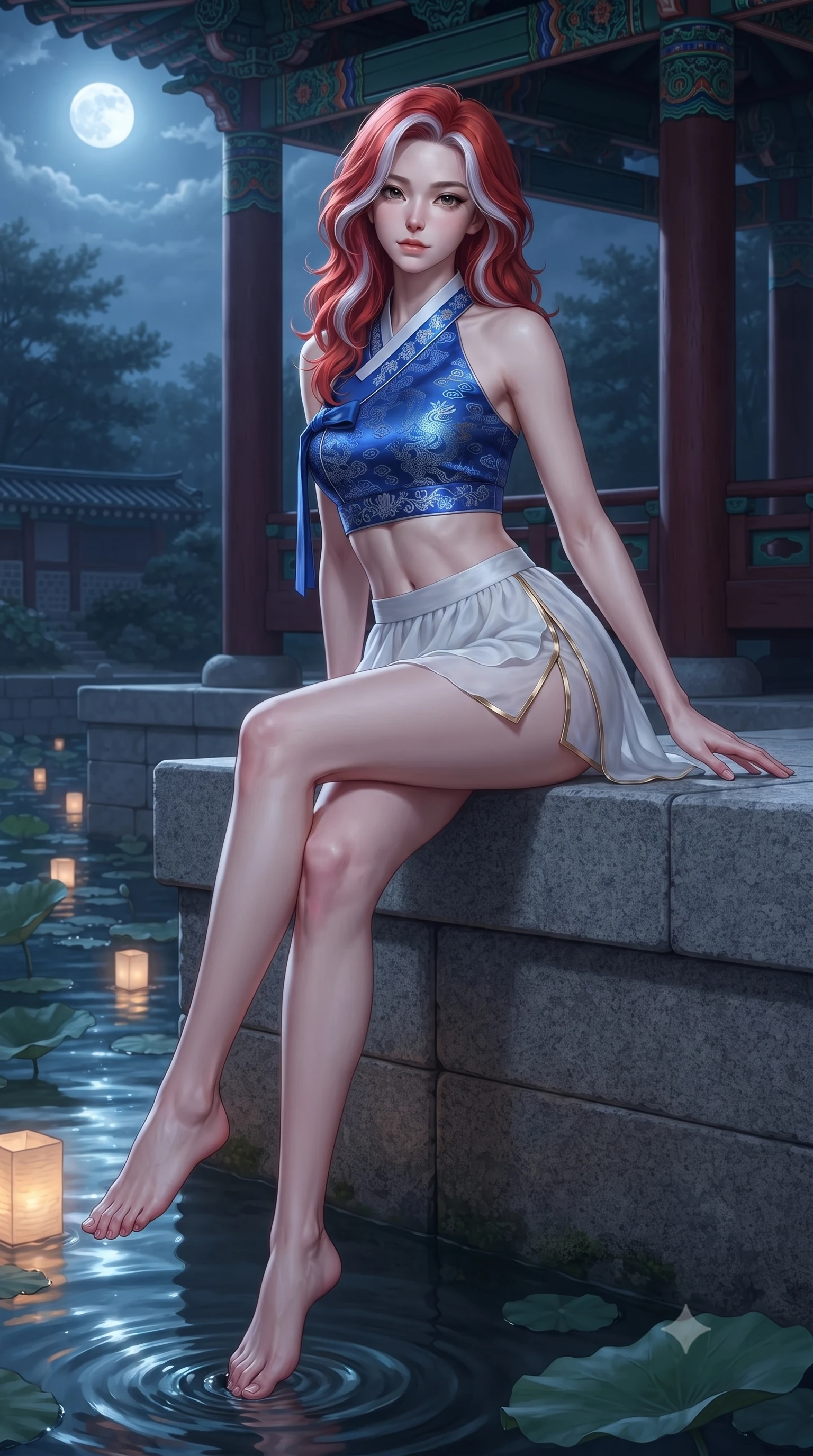 score_9, masterpiece, best quality, ultra-detailed, high-budget anime keyframe, editorial fashion photography, tasteful artistic composition, Caucasian woman. low angle full-body shot from head to toe showing her feet, filling the entire 9:16 vertical frame with her statuesque presence, stretching her vertical silhouette. sitting perched on the elevated pavilion terrace edge with legs crossed and hips angled toward the camera, displaying her toned midriff and long slender limbs with joyful, coquettish charm while sitting gracefully on the carved granite terrace of Buyongjeong pavilion above the tranquil lotus pond, arching her back with timeless regal grace under cold moonlight. The surrounding environment is rendered in vivid detail and crisp panoramic clarity: sharp carved granite foundation stones, intricate dancheong mineral paint details, and rippling lotus pond surface tension in deep focus. She has an absolutely perfect, statuesque 8.5-heads proportion, an exceptionally tall and slender model-like female figure with impossibly long slender legs, an ultra-slim waist, a flat toned midriff, narrow delicate ribcage, and beautifully sculpted feminine hips creating a graceful, slim hourglass silhouette without any bulky heaviness. sharp v-shaped jawline, high-bridge nose, intricate jewel-like dark sparkling almond eyes with depth, thick lashes, glossy parted lips with a natural rose-plum sheen, bright alluring and coquettish smile with bedroom-eyes, exuding both timeless oriental elegance and sovereign high-fashion allure, flawlessly proportioned anatomical accuracy, strict slender model proportions, natural body alignment, perfectly sculpted long slender limbs, ultra-slim waistline, clean dynamic posture without body distortion. wearing a modern halter-neck fusion hanbok bodice with delicate silver embroidery and a fluttering layered chiffon wrap mini skirt in royal cobalt blue and starlight platinum, made of rich jacquard silk with intricate embossed dragon and cloud motifs, finished with sharp laser-cut side hip slits framed by gold piping, the form-contouring cut accentuating her sculpted flat midriff, narrow delicate ribcage, and gracefully curvy hips with regal oriental supermodel elegance. illuminated by warm paper lantern reflections on the pond water and sharp platinum rim lights defining her razor-sharp jawline, narrow waist, and curvy hips. ultra-reflective glossy finish, specular highlights, rich textural contrasts, high-contrast stereoscopic depth, volumetric dynamic lighting, 2k, ultra detail, master piece, 9:16 ratio