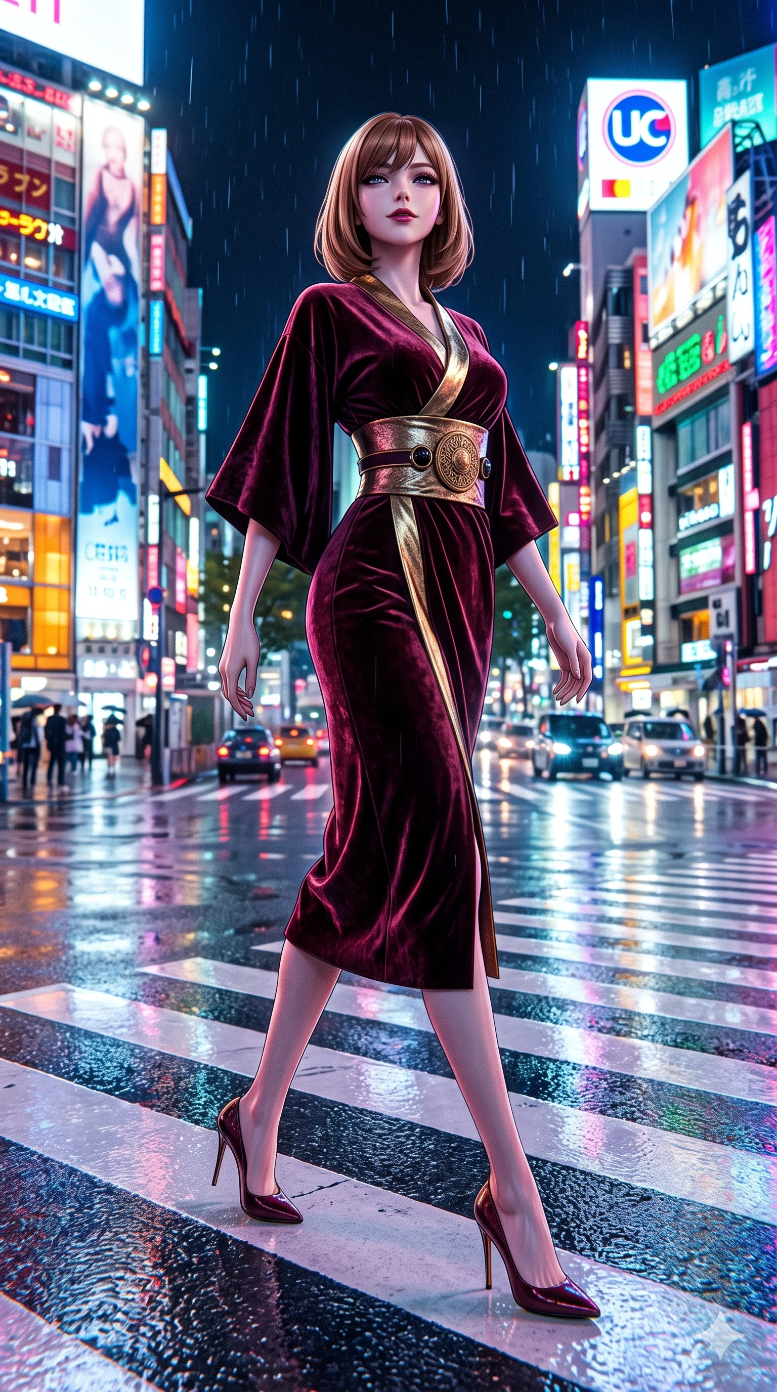 score_9, masterpiece, best quality, ultra-detailed, high-budget anime keyframe, semi-realistic 3D game render, editorial fashion photography, tasteful artistic composition, Caucasian woman. low angle full-body shot from head to toe showing her feet, filling the entire 9:16 vertical frame with her statuesque presence, stretching her vertical silhouette. sitting poised on the warm marble steps with one knee bent, arching her spine with supermodel elegance as she glances upward through thick eyelashes while pausing mid-stride on the wet white zebra crossing as traffic reflections shimmer beneath her stiletto heels, arching her back with sovereign grace. The surrounding environment is rendered in vivid detail and crisp panoramic clarity: detailed metallic leather mini dress cling, liquid mercury sheen, and modern Japanese cityscape in razor-sharp clarity. She has an exceptionally tall and slender model-like 8.5-heads proportion, an ultra-slim waist, a flat toned midriff, narrow delicate ribcage, and beautifully sculpted feminine hips creating a graceful, slim hourglass silhouette without any bulky heaviness, with impossibly long slender legs. sharp v-shaped jawline, high-bridge nose, intricate jewel-like dark sparkling eyes with dangerous depth, thick curled eyelashes, glossy parted lips with a rich wine sheen, smoldering seductive half-smile with bedroom-eyes, exuding effortless superiority and intoxicating dark allure, flawlessly proportioned anatomical accuracy, strict slender model proportions, natural body alignment, perfectly sculpted long slender limbs, ultra-slim waistline, clean dynamic posture without body distortion. wearing a tailored minimalist kimono-sleeve silk crepe midi dress with structured obi-inspired belt in deep wine burgundy and lustrous gold foil, tailored from crushed dark velvet with deep light-absorbing plush texture, finished with an authentic engraved gold medallion and obsidian cabochons, the impeccably tailored cut draping gracefully along her slender figure with aristocratic noir poise. bathed in multi-colored cybernetic neon floods shifting between cobalt blue, hot pink, and radiant amber. highly saturated vibrant anime colors, detailed shading with soft gradients, rich glossy textures, high-contrast stereoscopic depth, volumetric dynamic lighting, master piece, 9:16 ratio