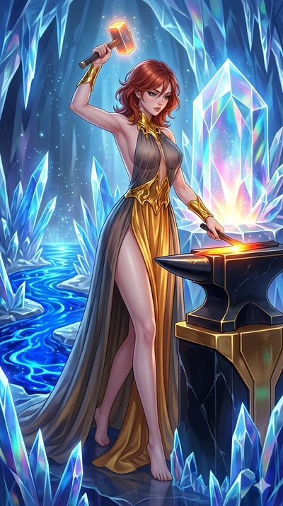 score_9, masterpiece, best quality, ultra-detailed, high-budget anime keyframe, Korean woman. low angle full-body shot filling the entire 9:16 frame with her statuesque presence, stretching the vertical silhouette. forging in a prismatic ice-volcano 