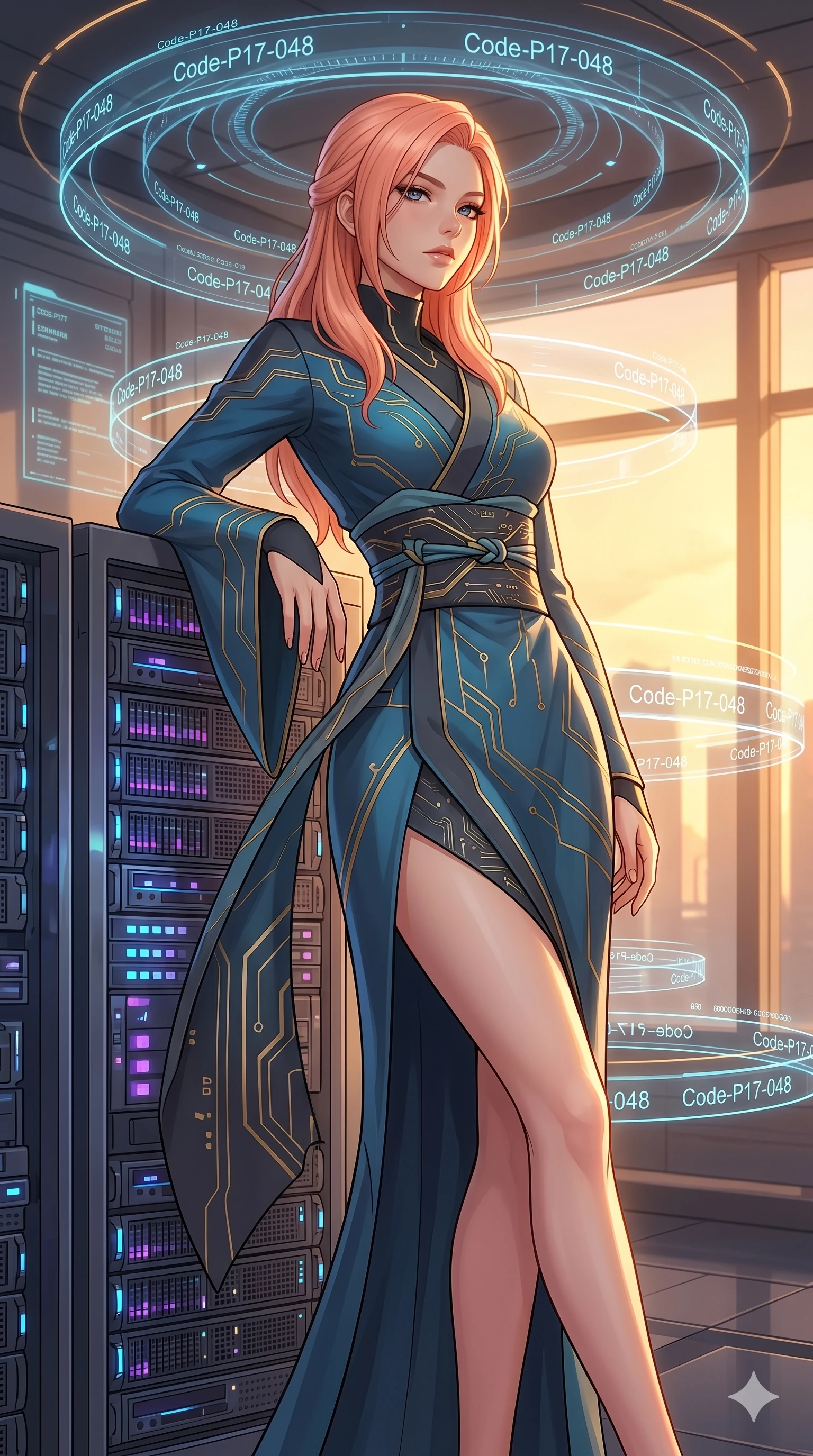 score_9, masterpiece, best quality, ultra-detailed, high-budget anime keyframe, editorial fashion photography, tasteful artistic composition, Japanese woman. cowboy shot from the thighs up, character and outfit filling the frame for maximum editorial presence. leaning against a server rack, casting a cool, superior gaze in an avant-garde digital room with rotating holographic rings (Code-P17-048). She has an absolutely perfect 8-heads proportion, an exceptionally tall and slender female figure with impossibly long slender legs and an ultra-slim waist. V-shaped jawline, high-bridge nose, intricate jewel-like eyes with depth, thick eyelashes, glossy lips with a natural sheen. wearing a modern high-neck fusion kimono with long sleeves and sash. golden sunset light streaming through the window, outlining her high-bridge nose and lips. 2k, ultra detail, master piece, 9:16 ratio