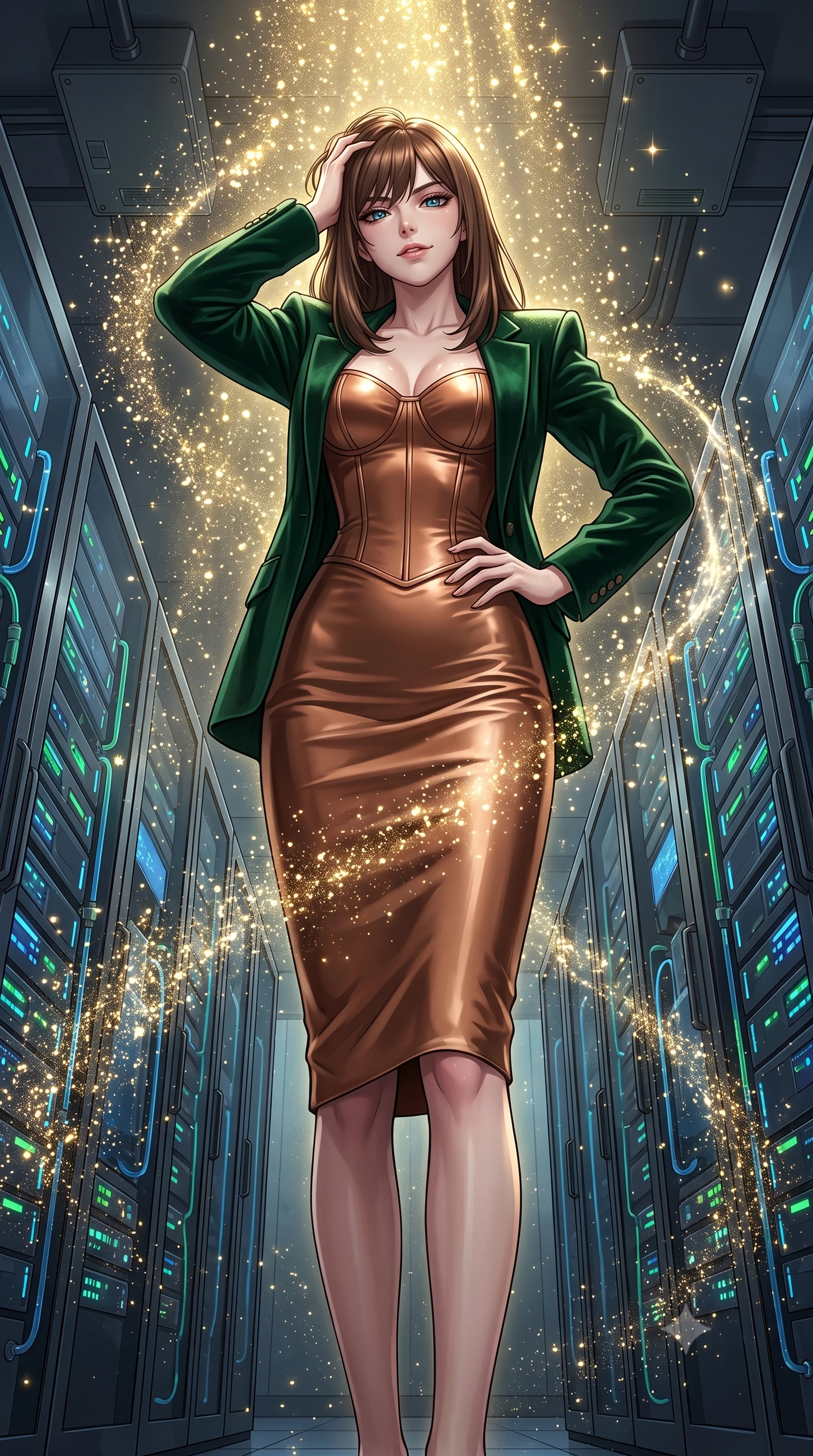 score_9, masterpiece, best quality, ultra-detailed, High-budget Anime Keyframe, East Asian woman. Low angle cowboy shot filling the entire 9:16 frame with her statuesque presence. Scenario 486: showering under a cascade of glittering gold stardust inside a high-tech laboratory with rows of water-cooled server racks. Her presence is magnetic and overpowering in this high-budget anime scene. Outfit 486: a body-hugging metallic copper matte vinyl corset dress layered under a structured velvet blazer. The clothing is designed to emphasize her exceptionally tall and slender 8-heads proportion. 8-heads proportion, towering silhouette, ultra-slim waist. sharp v-shaped jawline, intricate jewel-like eyes with depth, thick eyelashes, glossy lips. 2k, ultra detail, master piece, 9:16 ratio