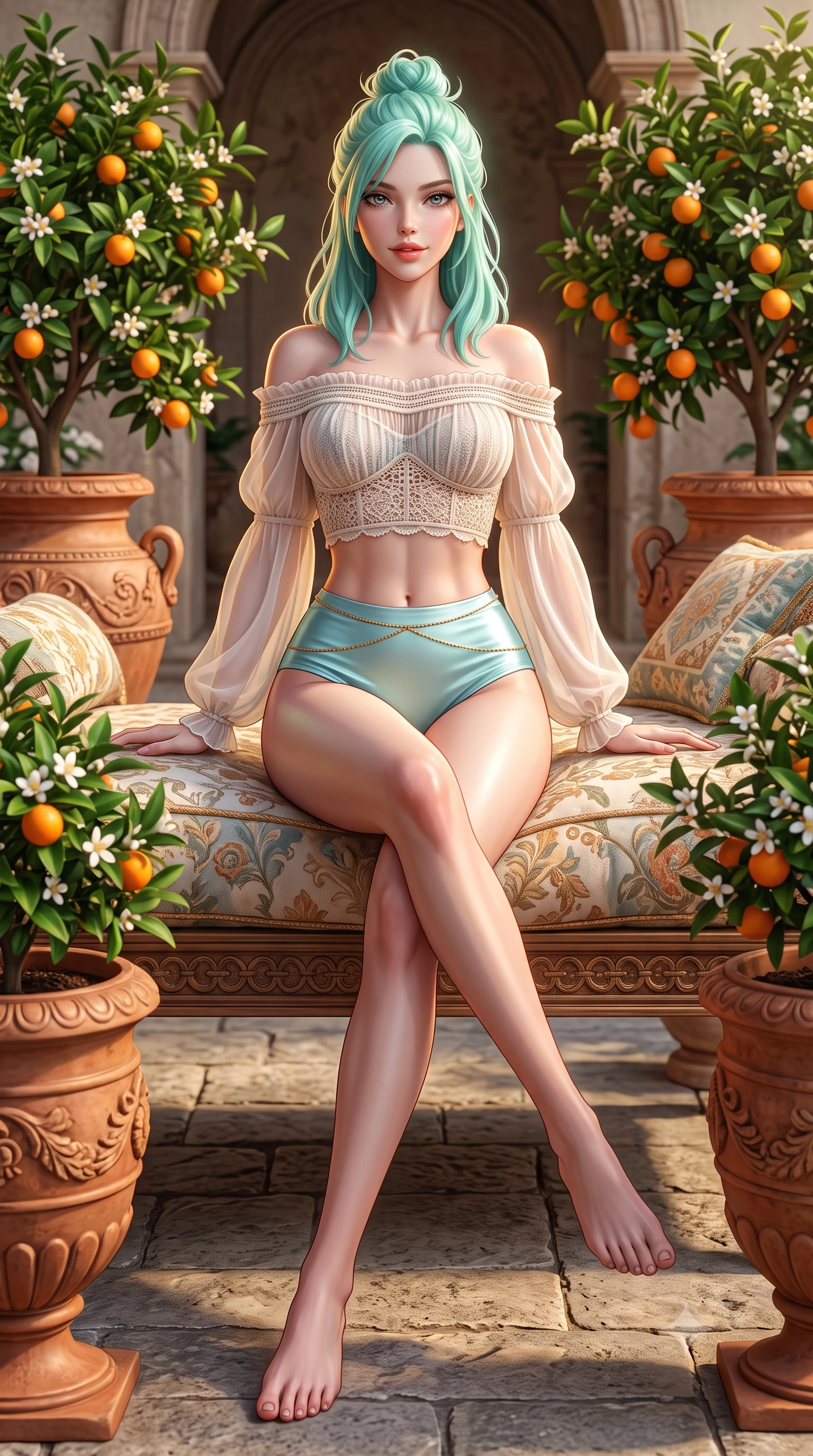 score_9, masterpiece, best quality, ultra-detailed, high-budget anime keyframe, semi-realistic 3D game render, editorial fashion photography, tasteful artistic composition, Japanese woman. low angle full-body shot from head to toe showing her feet, filling the entire 9:16 vertical frame with her statuesque presence, stretching her vertical silhouette. lounging on the lavish daybed with legs crossed and hips angled toward the camera, displaying her toned midriff and long slender limbs with effortless siren poise while standing between fragrant blossoming orange trees in terracotta urns, arching her spine with radiant Mediterranean nymph poise. The surrounding environment is rendered in vivid detail and crisp panoramic clarity: detailed crochet lace bustier weave, sun-warmed skin sheen, and European orangery craftsmanship in razor-sharp precision. She has an absolutely perfect, statuesque 8.5-heads proportion, an exceptionally tall and slender model-like female figure with impossibly long slender legs, an ultra-slim waist, a flat toned midriff, narrow delicate ribcage, and beautifully sculpted feminine hips creating a graceful, slim hourglass silhouette without any bulky heaviness. sharp v-shaped jawline, high-bridge nose, sparkling eyes with hypnotic seductive depth, thick curled eyelashes, glossy parted lips with a natural dewy peach sheen, alluring bedroom-eyes with an enchanting coquettish smile, exuding magnetic siren charisma and sophisticated glamour, flawlessly proportioned anatomical accuracy, strict slender model proportions, natural body alignment, perfectly sculpted long slender limbs, ultra-slim waistline, clean dynamic posture without body distortion. wearing an off-the-shoulder sheer peasant crop blouse with ruched neckline paired with tight high-waisted linen briefs in celestial water-lily white and shimmering aquamarine, crafted from fluid liquid silk satin that clings smoothly to every curve with a dewy sheen, accented with a dainty gold belly chain resting across her flat midriff and curving hips, the liquid-tight tailored fabric clinging flawlessly to her narrow waist and rounded feminine hips, emphasizing every millimeter of her sculpted slim hourglass curves without any bulky heaviness. illuminated by stone floor bounce and sharp warm-gold rim lights sculpting her jawline, ultra-slim waist, and curvy hips. highly saturated vibrant anime colors, detailed shading with soft gradients, rich glossy textures, high-contrast stereoscopic depth, volumetric dynamic lighting, master piece, 9:16 ratio
