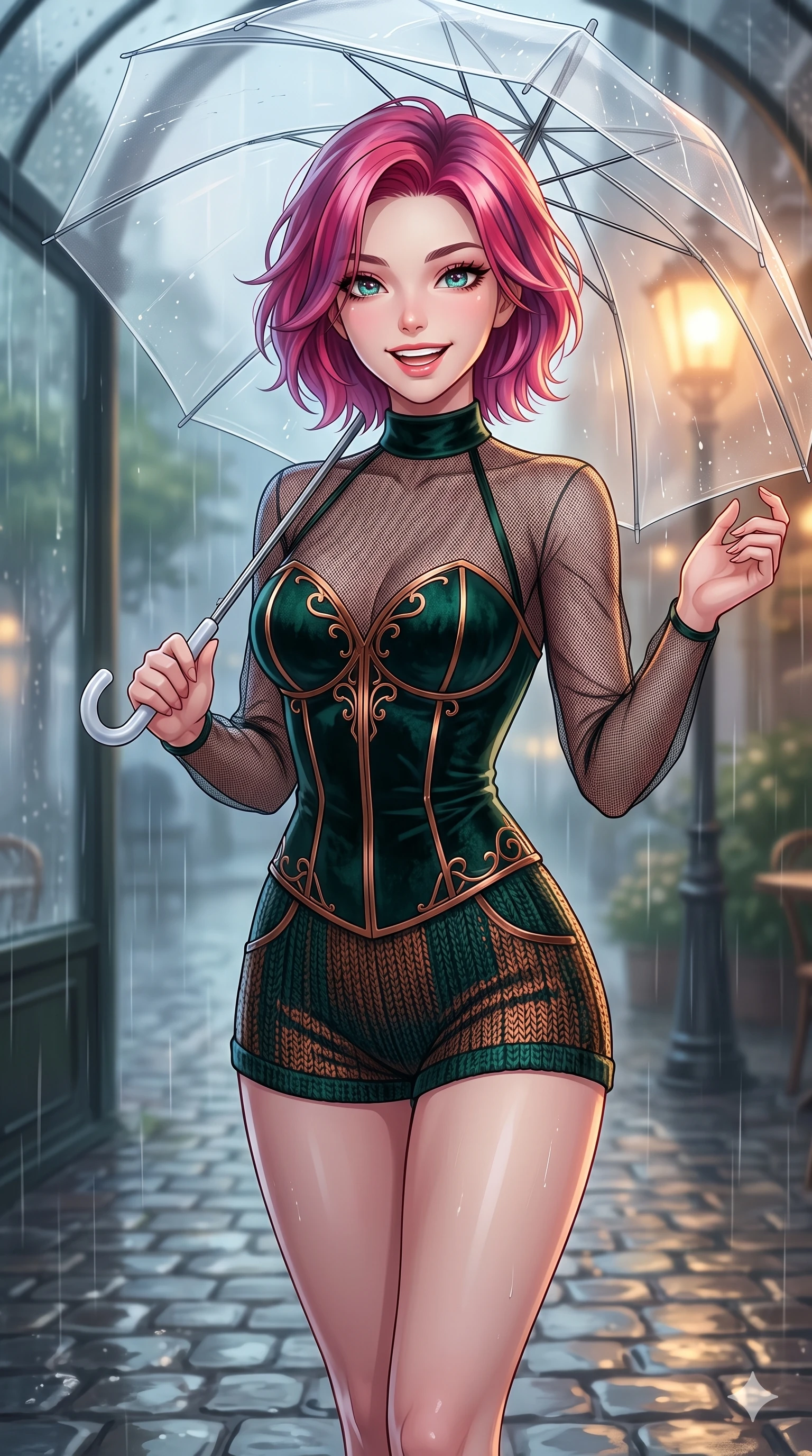 score_9, masterpiece, best quality, ultra-detailed, high-budget anime keyframe, vibrant anime aesthetic, Caucasian woman, strictly human ears. close-up cowboy shot from the waist and thighs up, the character dominates the composition, filling the frame with her large presence, background elements kept in soft focus. She is posing with a bright, energetic grin, her eyes glowing with energy, with her eyes bright and full of life with a lively, expressive stance. the background shows a soft-focus rain-slicked cobblestone street under a warm glowing gaslight, holding a clear umbrella (Code-P22-152). She has an absolutely perfect proportion, an exceptionally elegant and slender female figure with an ultra-slim waist. V-shaped jawline, high-bridge nose, intricate jewel-like eyes with depth, thick eyelashes, glossy lips with a natural sheen. wearing a delicate mesh overlay worn over a structured velvet bodice and knit shorts in dark emerald and copper details. She is drenched in soft, diffused light of a rainy afternoon, creating clean outlines, accentuating her slender silhouette inside the retro conservatory cafe. 2k, ultra detail, master piece, 9:16 ratio