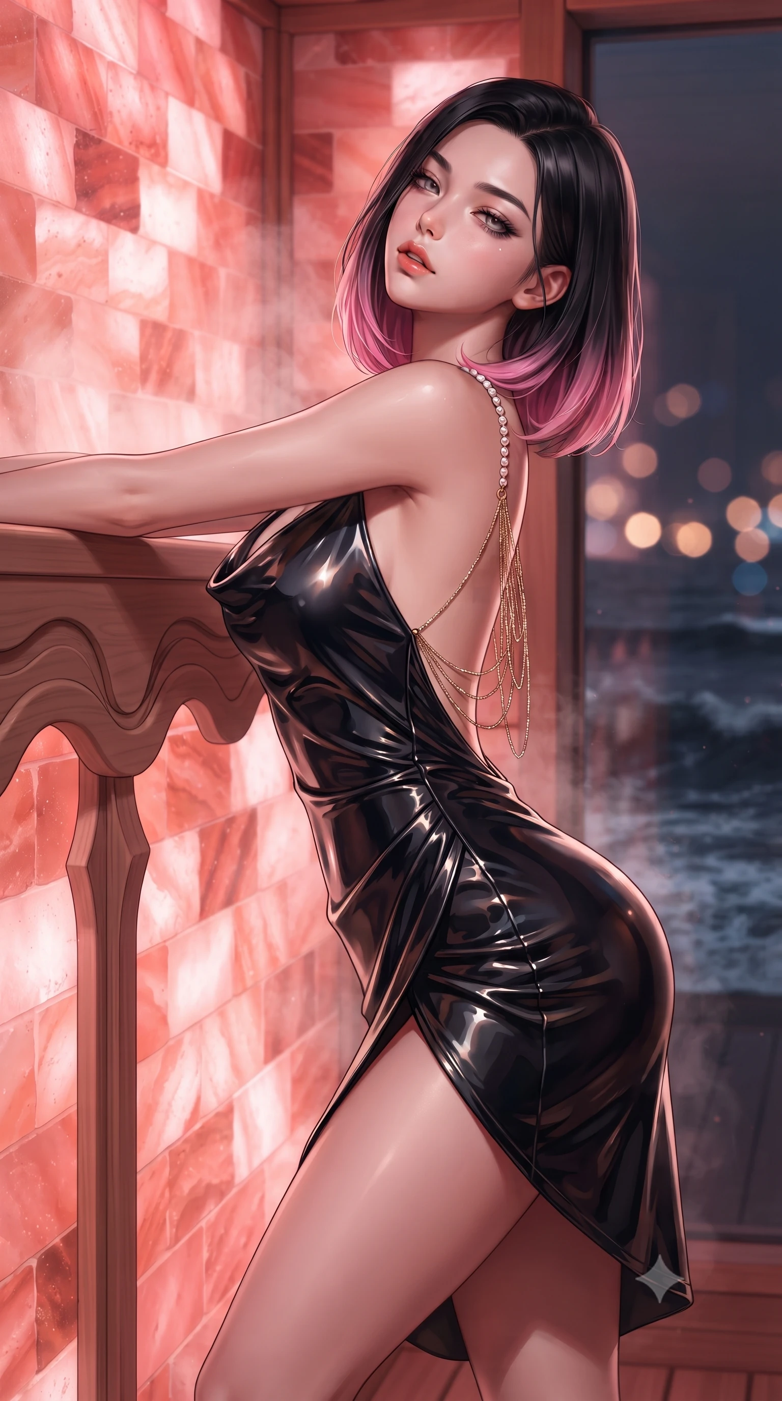 score_9, masterpiece, best quality, ultra-detailed, high-budget anime keyframe, editorial fashion photography, tasteful artistic composition, Korean woman. close-up cowboy shot from the waist and thighs up, the character dominates the composition, filling the frame with her large presence. leaning back against the balustrade with relaxed seductive grace, head tilted back slightly while casting a hypnotic, heavy-lidded gaze while twisting her slender torso in an alluring S-curve, glowing amber-pink salt light and sauna steam tracing her flat midriff and curvy hips. The background shows a soft-focus glowing pink Himalayan salt brick walls, fragrant cedar wood planks, and dark ocean waves outside glass blurred into rose-gold, amber, and indigo bokeh. She has an exceptionally elegant, slender, and willowy female figure with an ultra-slim waist, flat toned midriff, narrow ribcage, and sculpted feminine hips creating an alluring, slim hourglass silhouette without bulk. sharp v-shaped jawline, high-bridge nose, sparkling eyes with hypnotic seductive depth, thick curled eyelashes, glossy parted lips with a natural dewy peach sheen, alluring bedroom-eyes with an enchanting coquettish smile, exuding magnetic siren charisma and sophisticated glamour, flawlessly proportioned anatomical accuracy, strict slender model proportions, natural body alignment, perfectly sculpted long slender limbs, ultra-slim waistline, clean dynamic posture without body distortion. wearing a low-cut draped cowl-back satin slip mini dress with dainty pearl spaghetti straps in midnight obsidian black and liquid champagne gold, crafted from wet-look high-gloss vinyl fabric with dazzling specular surface reflections, accented with an open-back drape framed by falling strands of delicate gold chains, the high-slit wrap tailoring accentuating her ultra-slim waistline and the enchanting curve of her feminine hips with alluring seductive charm. illuminated by cedar wood bounce and sharp rose-gold rim lights defining her delicate clavicles, ultra-slim waist, and curvy hips. ultra-reflective glossy finish, specular highlights, rich textural contrasts, high-contrast stereoscopic depth, volumetric dynamic lighting, 2k, ultra detail, master piece, 9:16 ratio