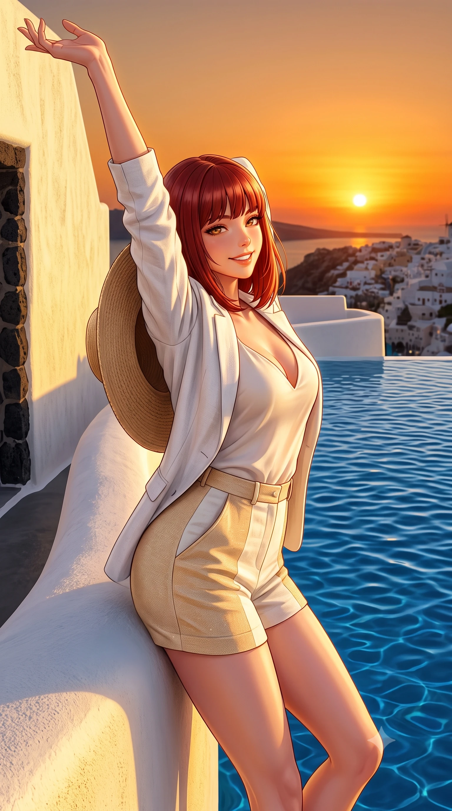 score_9, masterpiece, best quality, ultra-detailed, high-budget anime keyframe, semi-realistic 3D game render, editorial fashion photography, tasteful artistic composition, Caucasian woman. close-up cowboy shot from the waist and thighs up, the character dominates the composition, filling the frame with her large presence. playfully stretching one arm overhead toward the setting sun, her radiant smile capturing fresh girlhood charm while her arched torso reveals an intoxicating hip contour while leaning against the curved white volcanic parapet with hips cocked back, looking back over a bare shoulder with an intoxicating, sunlit smile. The surrounding environment is rendered in vivid detail and crisp panoramic clarity. sharp lime-washed plaster texture, volcanic black stone accents, and crystal-clear pool water ripples in deep focus. She has an exceptionally elegant, slender, and willowy female figure with an ultra-slim waist, flat toned midriff, narrow ribcage, and sculpted feminine hips creating an alluring, slim hourglass silhouette without bulk. sharp v-shaped jawline, high-bridge nose, sparkling amber-hazel eyes with depth, long lush eyelashes, glossy sun-kissed lips with a warm coral glaze, radiant teasing smile with sensual sunlit bedroom-eyes, exuding effortless old-money elegance and intoxicating sun-drenched allure, flawlessly proportioned anatomical accuracy, strict slender model proportions, natural body alignment, perfectly sculpted long slender limbs, ultra-slim waistline, clean dynamic posture without body distortion. wearing a breezy white linen tailored blazer worn over a plunging-V camisole and high-waisted tailored linen shorts in warm champagne ivory and sun-kissed golden sand, tailored from soft pastel resort tweed with subtle gold thread shimmer, complemented by a wide-brim straw sunhat held casually behind her back, the glove-like silhouette tightly following the natural contour of her hips and long slender legs with youthful 8.5-heads elegance. illuminated by white plaster wall bounce fill and sharp sunset rim lights accentuating her sculpted midriff, narrow waist, and curvy hips. highly saturated vibrant anime colors, detailed shading with soft gradients, rich glossy textures, high-contrast stereoscopic depth, volumetric dynamic lighting, master piece, 9:16 ratio